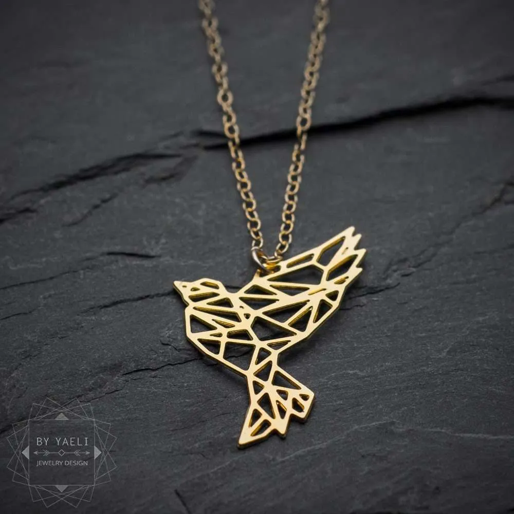 Origami bird necklace gold geometric origami necklace bird pendant