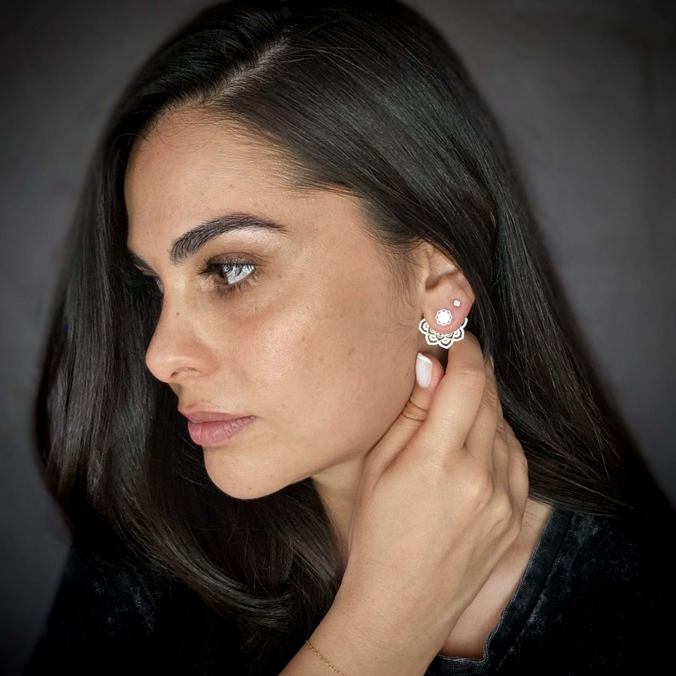 Flower bohemian ear jacket, silver flower earrings, ethnic mandala earrings, floral mandala earrings