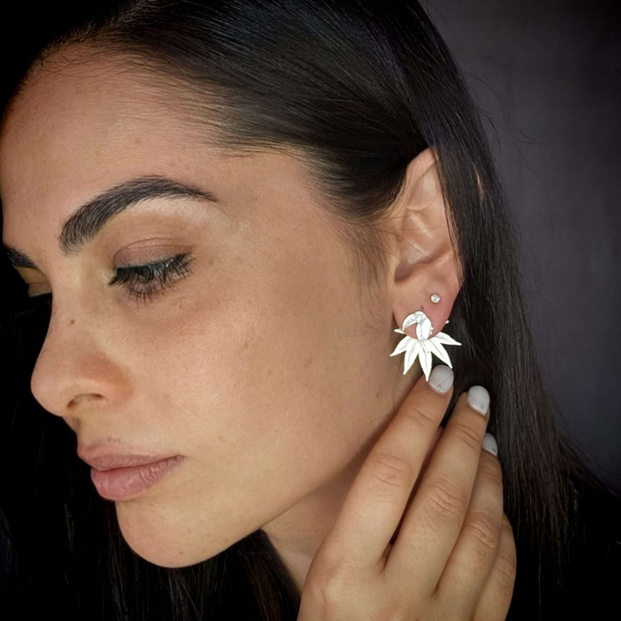 Leaf earrings silver leaf ear jackets earrings leaf and toucan earrings post earrings bird earrings
