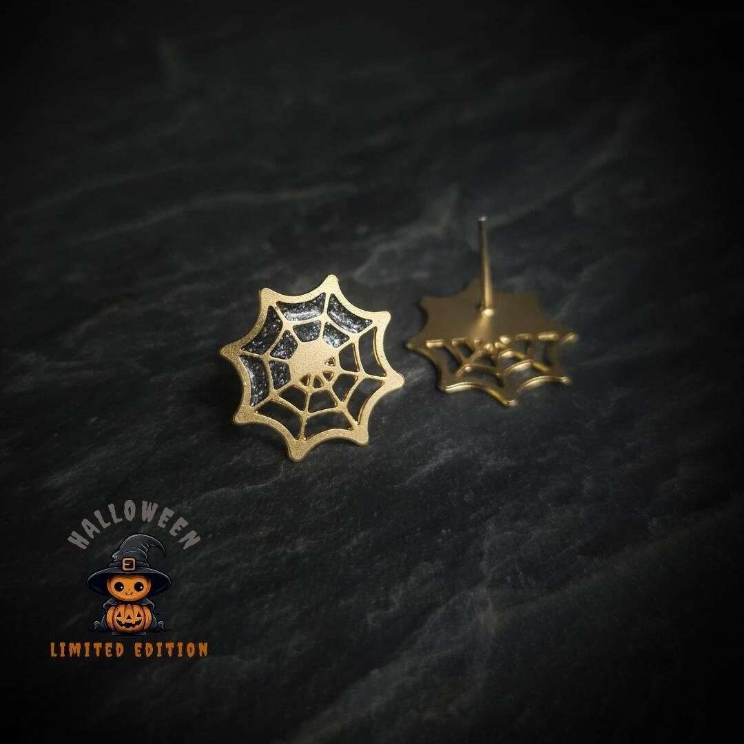 Spider web earrings, gold and black resin stud earrings, Halloween spider web jewelry