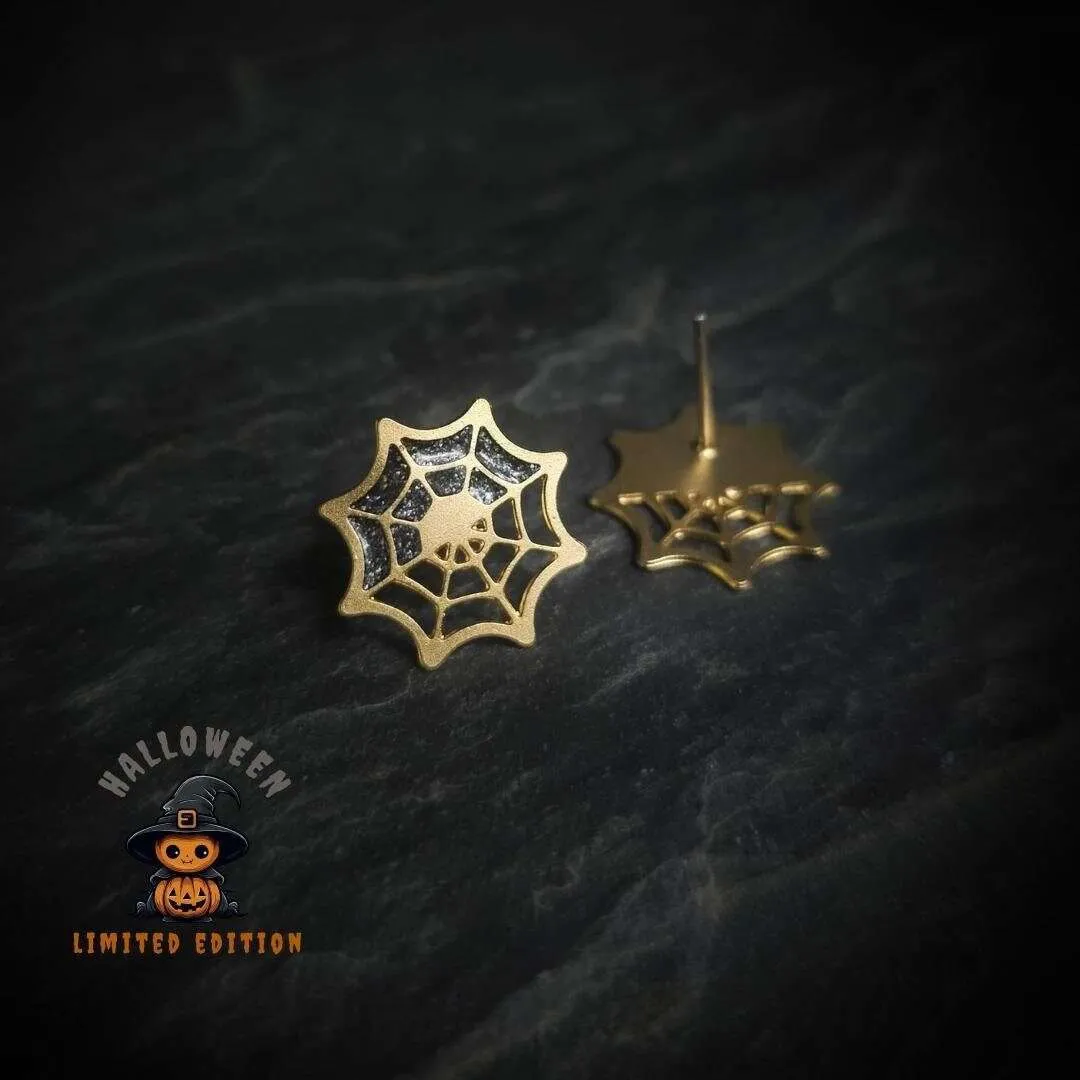 Spider web earrings, gold and black resin stud earrings, Halloween spider web jewelry