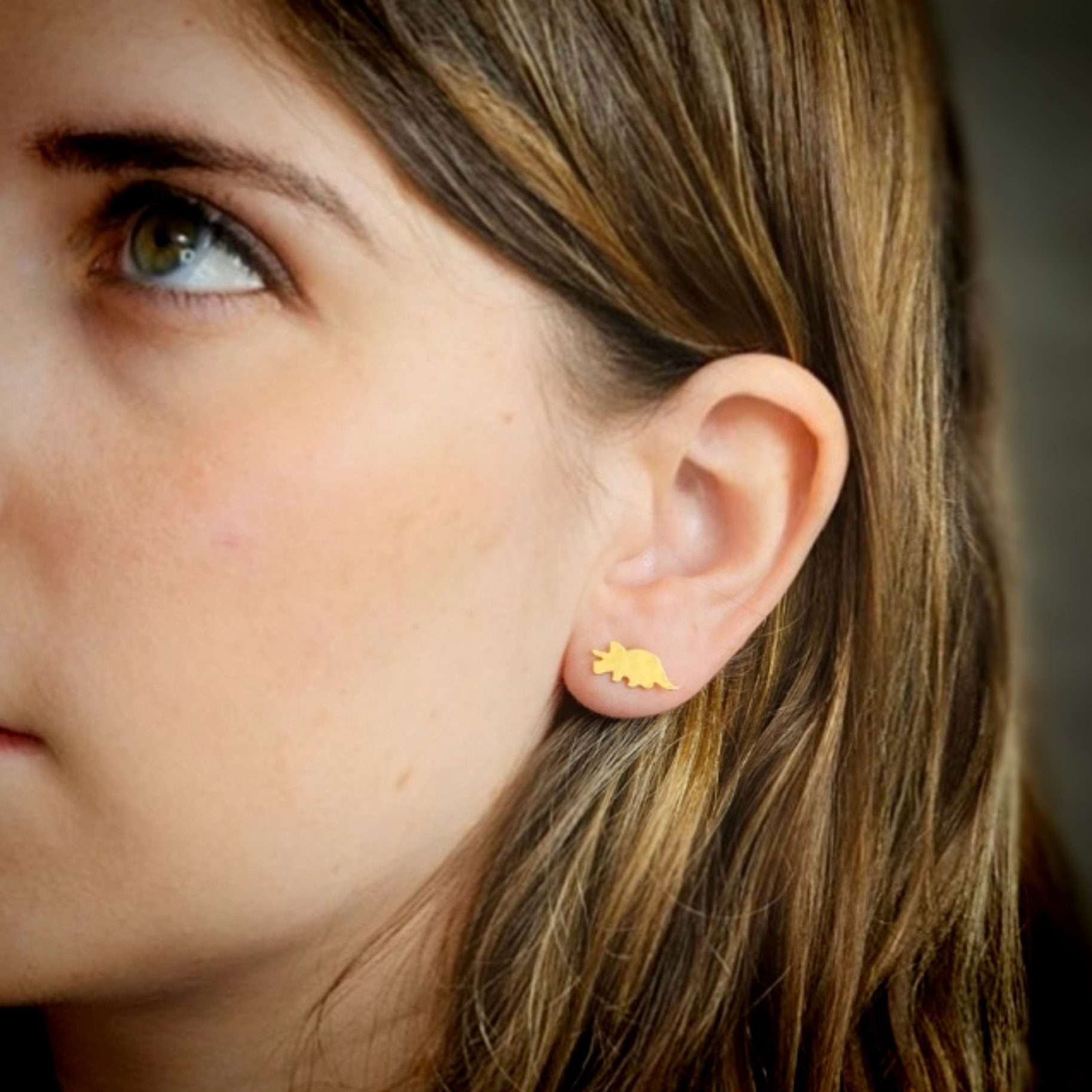 Dinosaur earrings tiny dinosaur post minimalist gold Triceratops stud