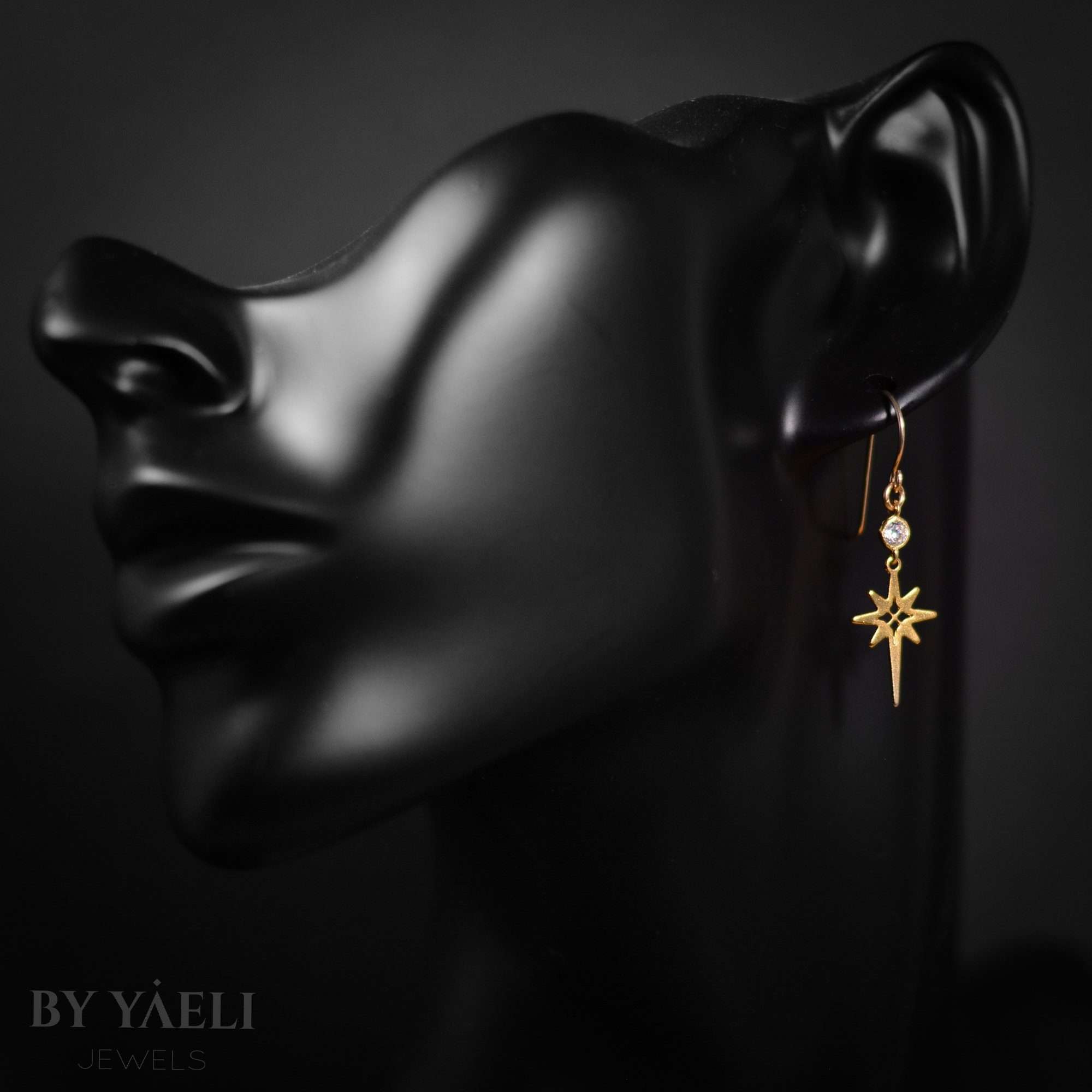 North Star earrings,  zircon dangle earrings, gold celestial dangle earrings