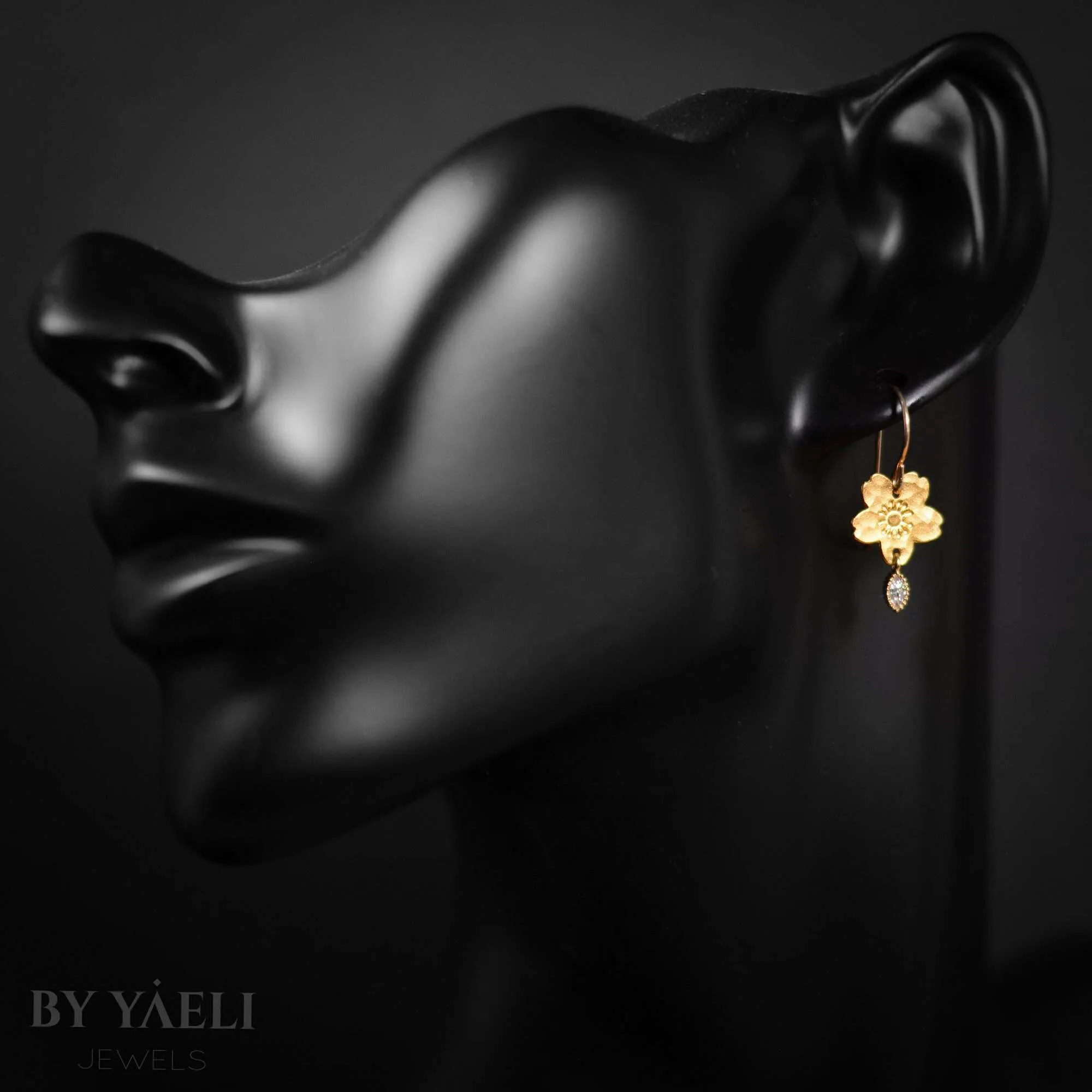 Sakura earrings, gold sakura flower with zircon dangle earrings - Image 3