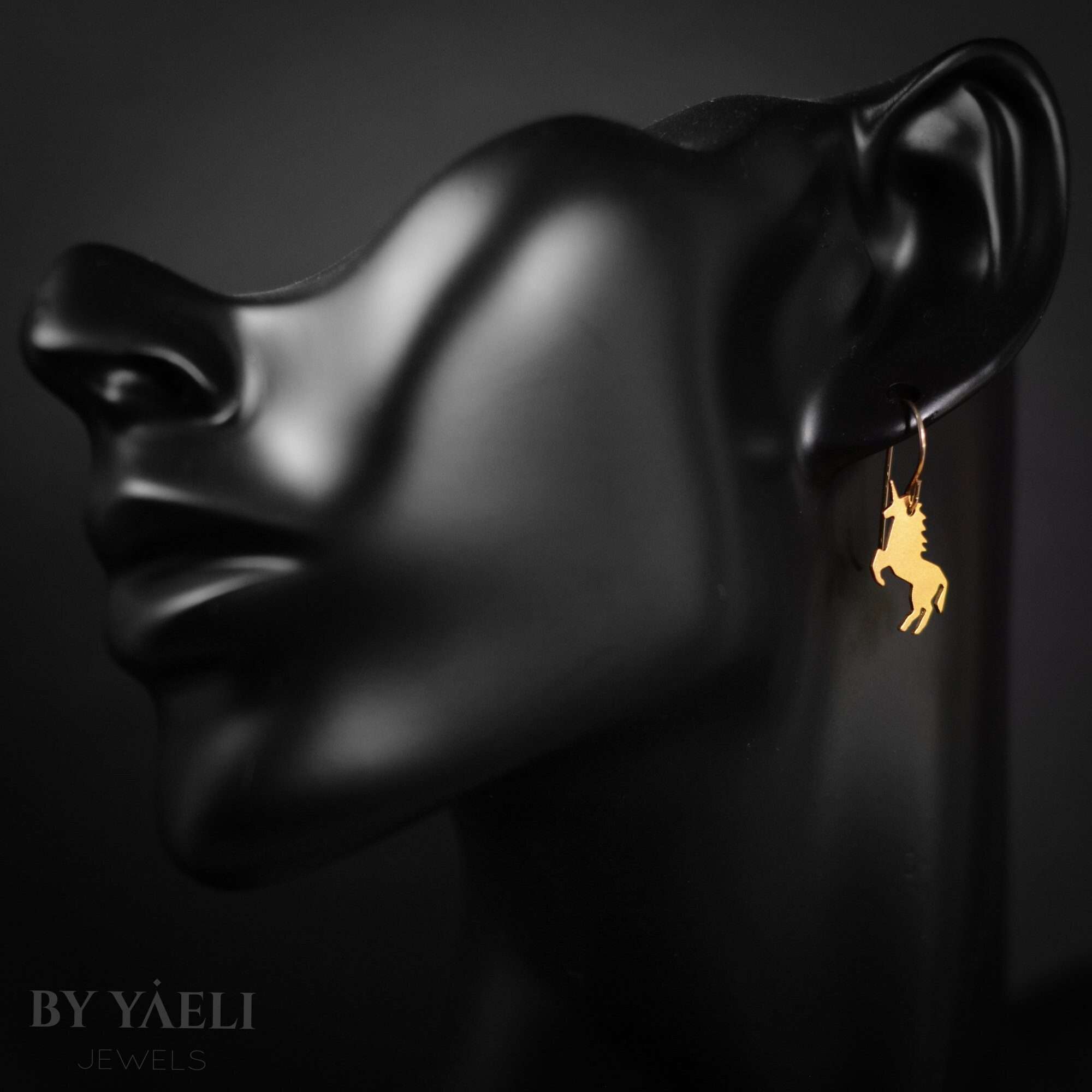 Unicorn earrings, gold unicorn dangle drop earrings