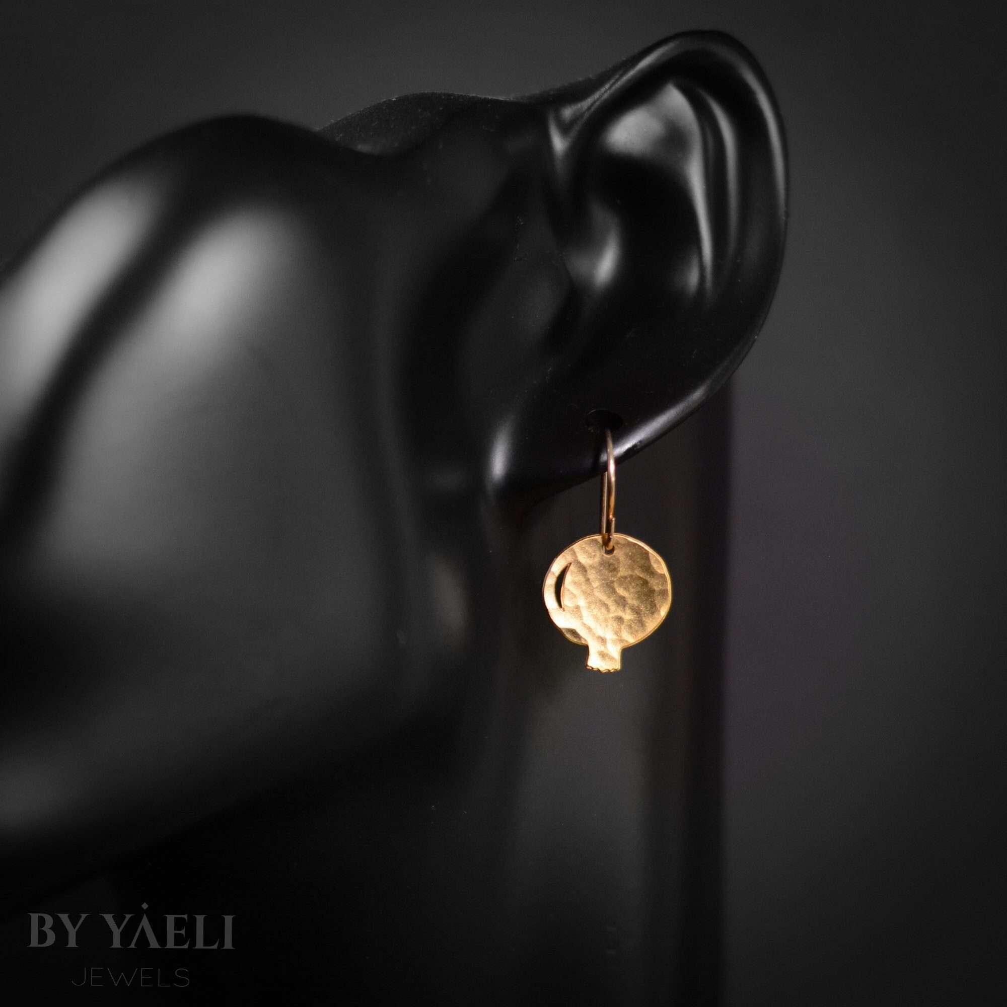 pomegranate earrings, gold hammered pomegranate dangle earrings, Jewish earrings