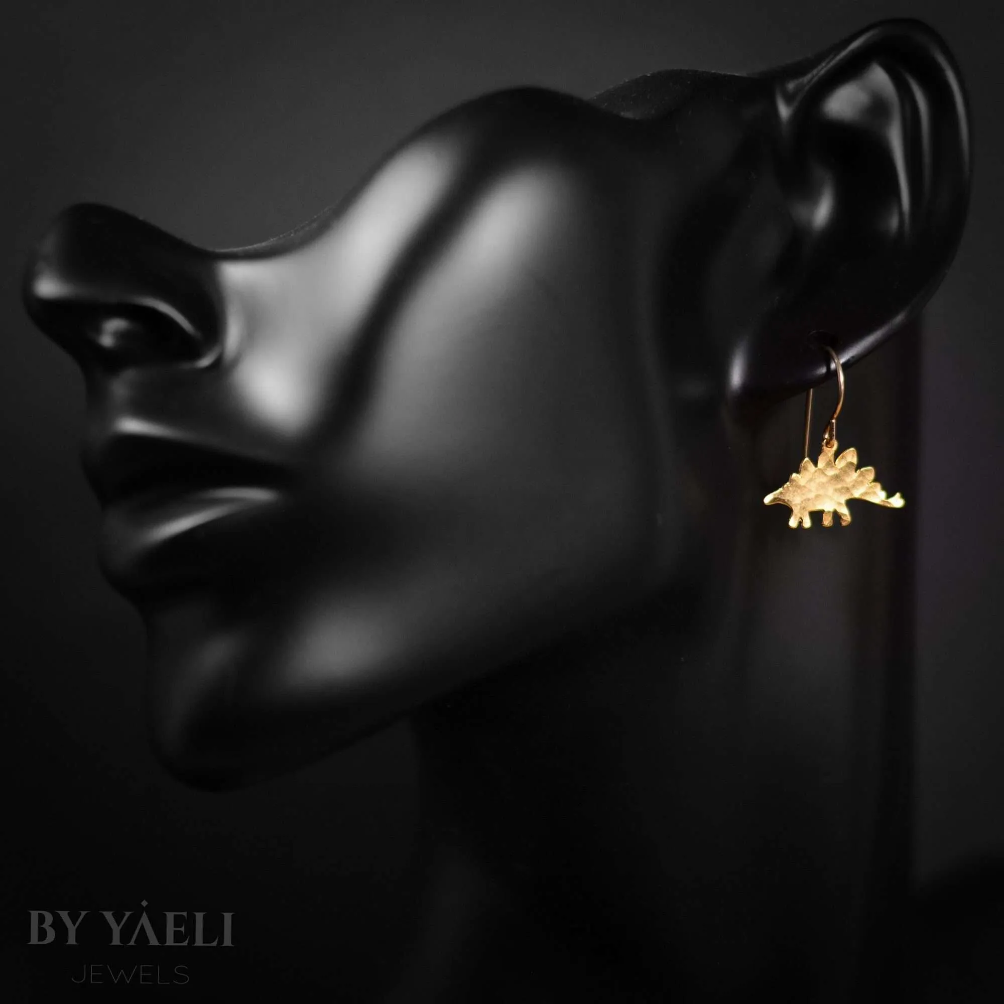 stegosaurus earrings, gold dinosaur dangle earrings
