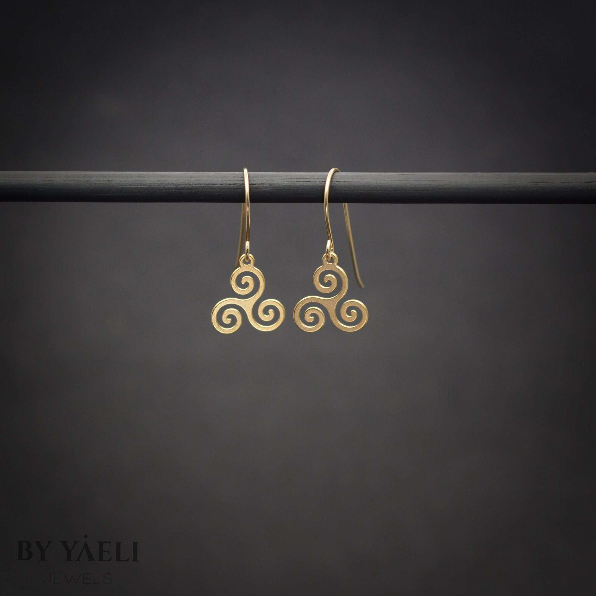 Celtic earrings, gold tiny Triskelion dangle earrings