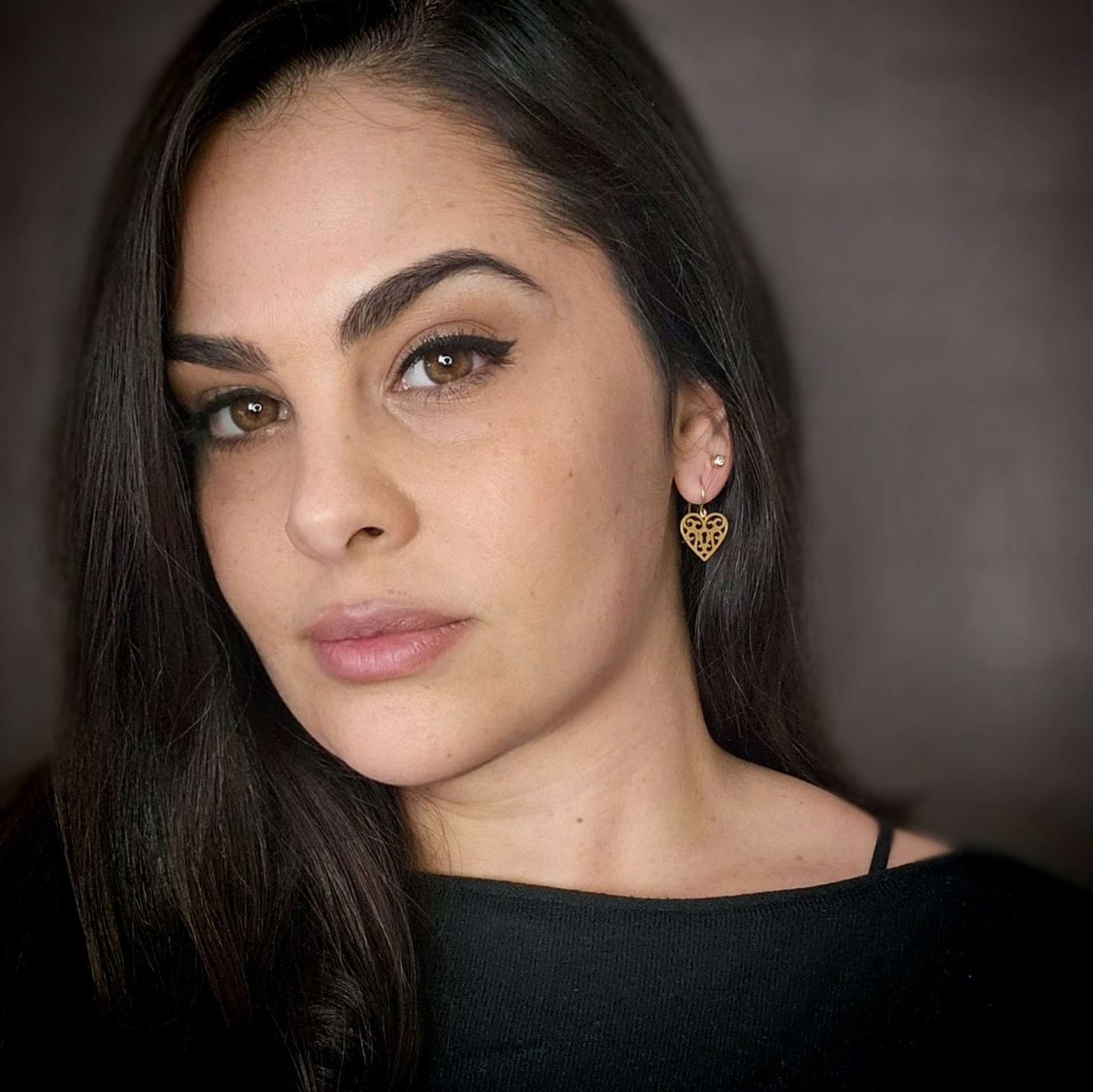 Heart earrings, gold heart lock dangle earrings