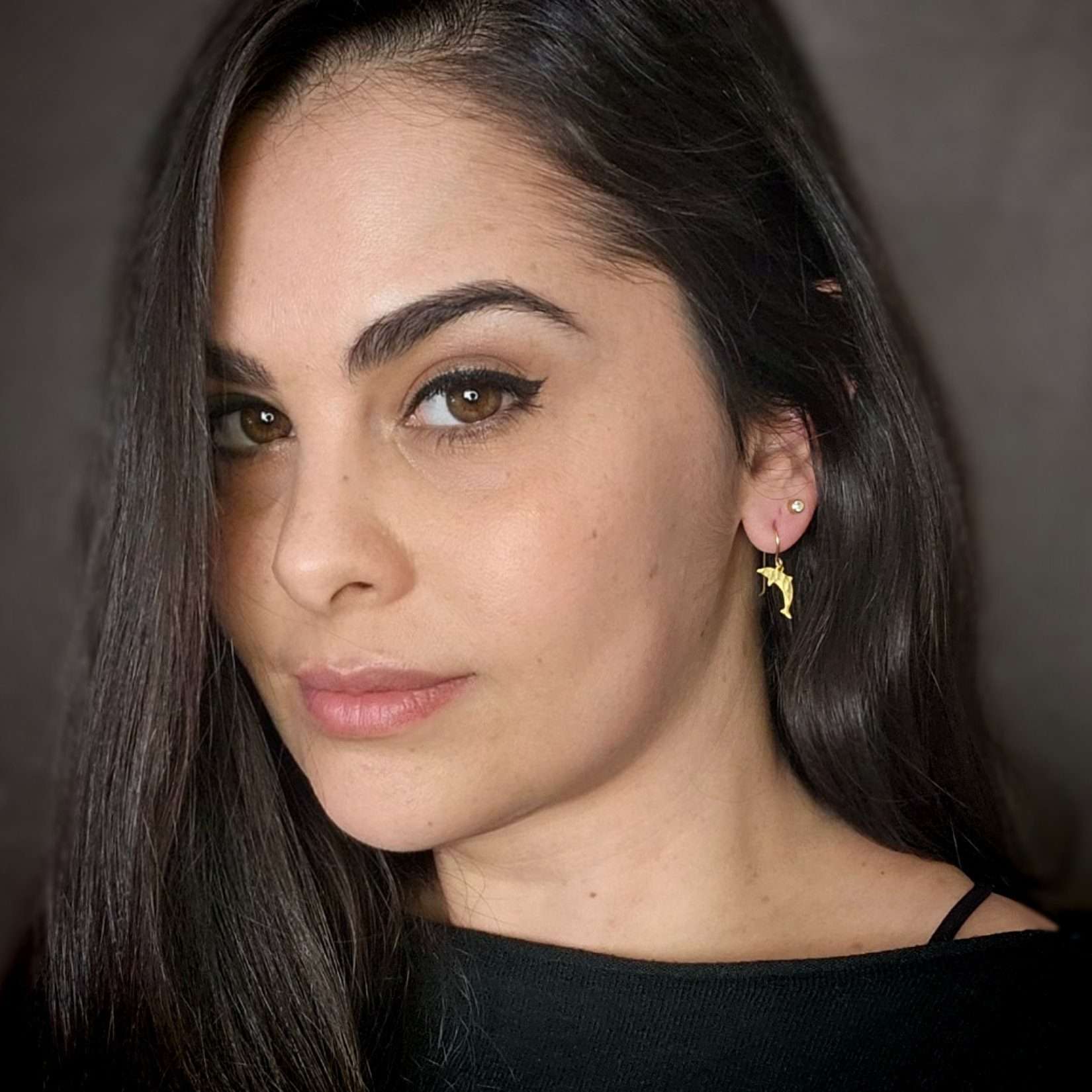 Dolphin earrings, gold tiny dolphin dangle earrings