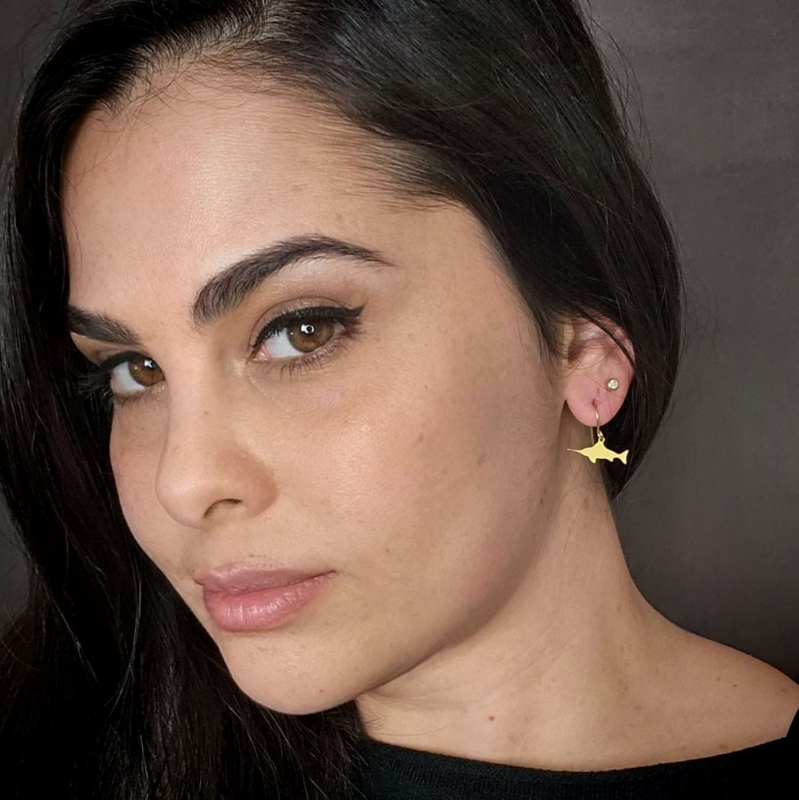 Fish earrings, gold tiny swordfish dangle earrings ocean jewelry