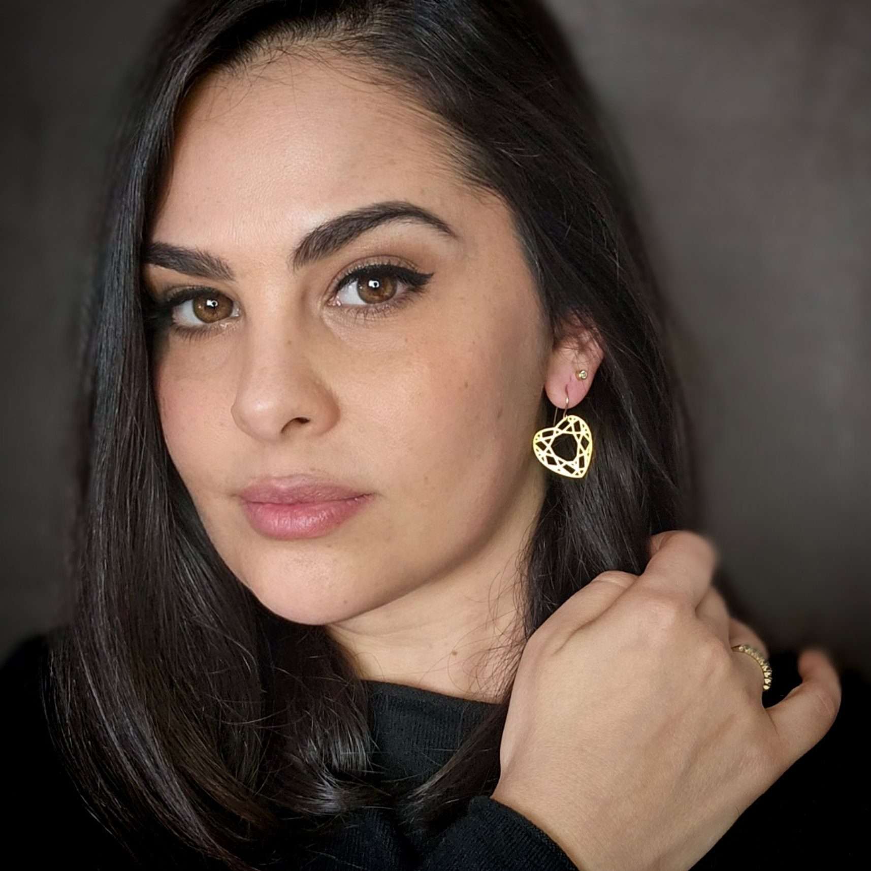 Gold heart earrings, diamond shape dangle earrings