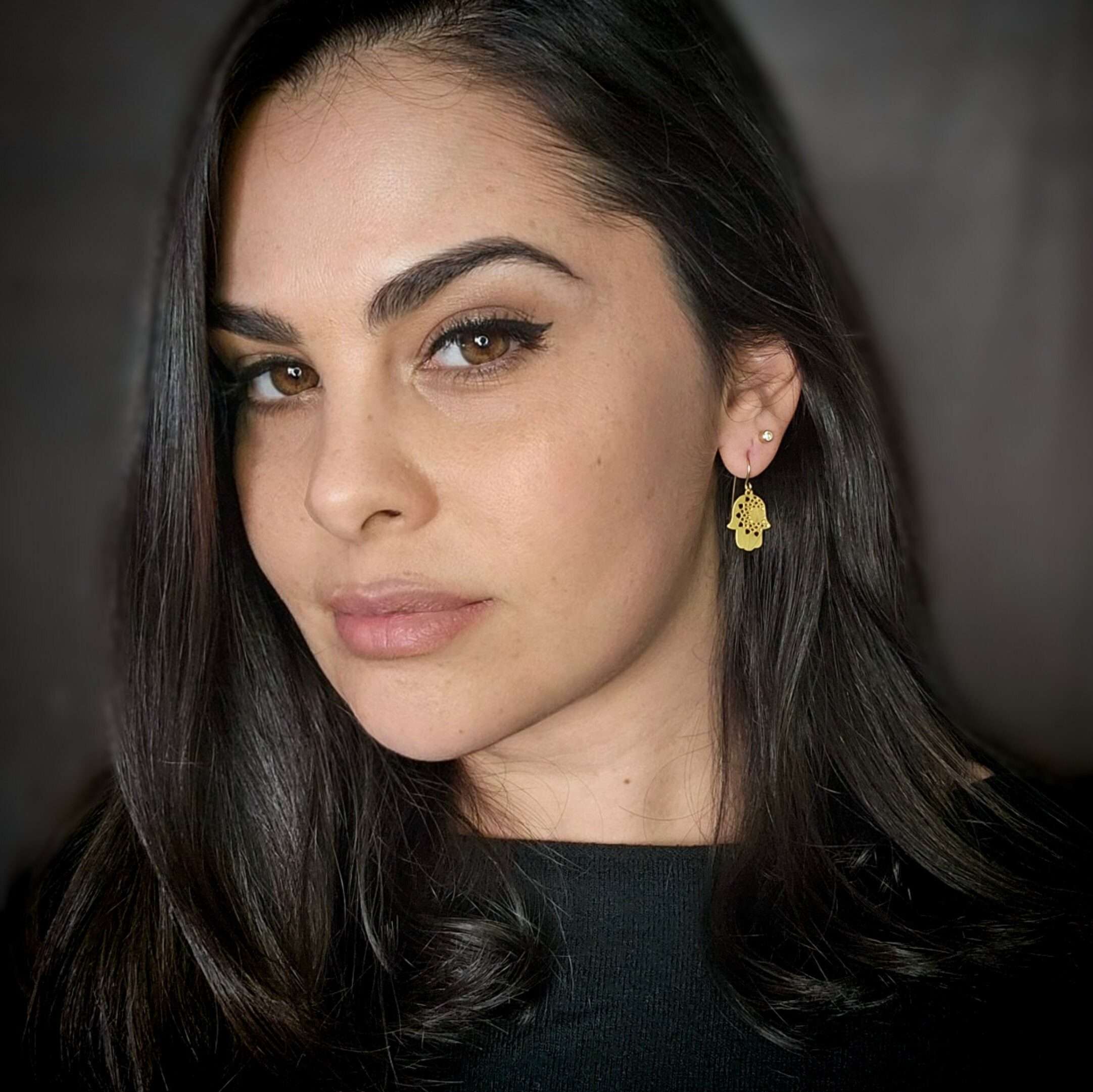 Gold hamsa earrings, hand with mandala dangle earrings protection jewelry