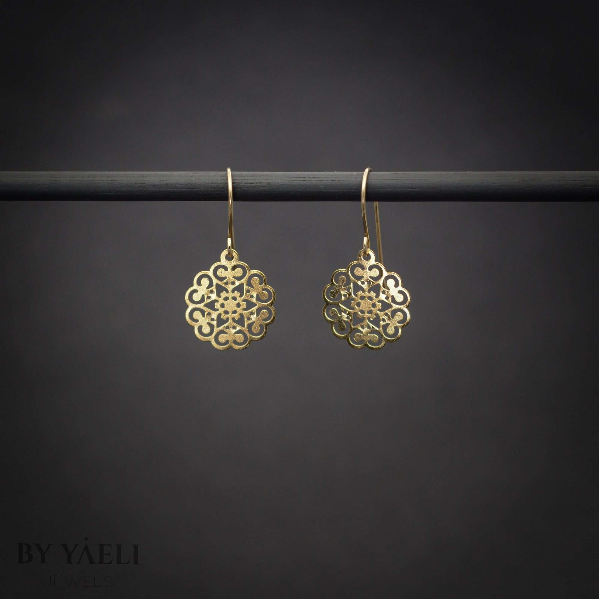 Flower dangle earrings, gold lace flower dangle gold filled earrings.