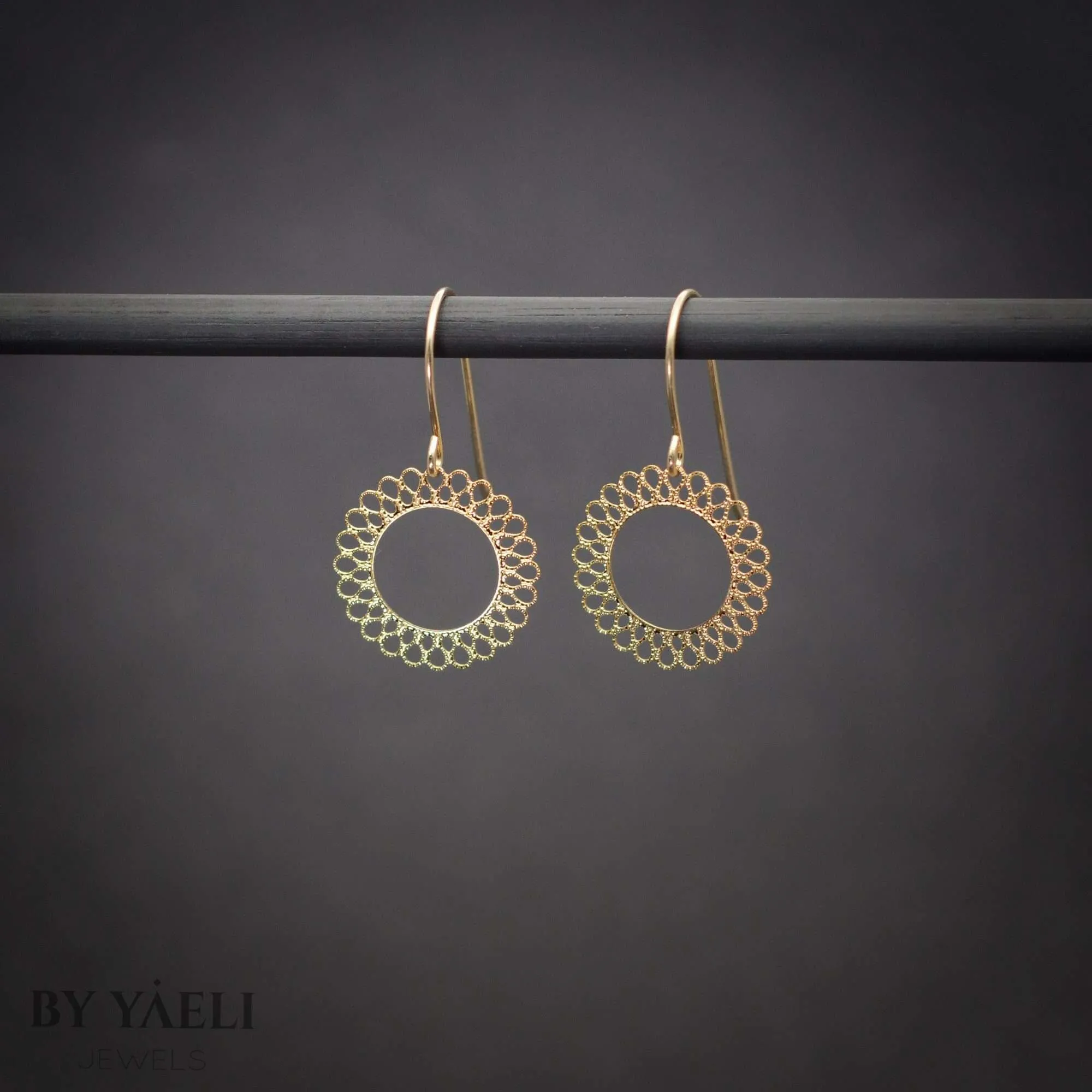 Flower dangle earrings, gold lace hollow flower dangle gold filled earrings.