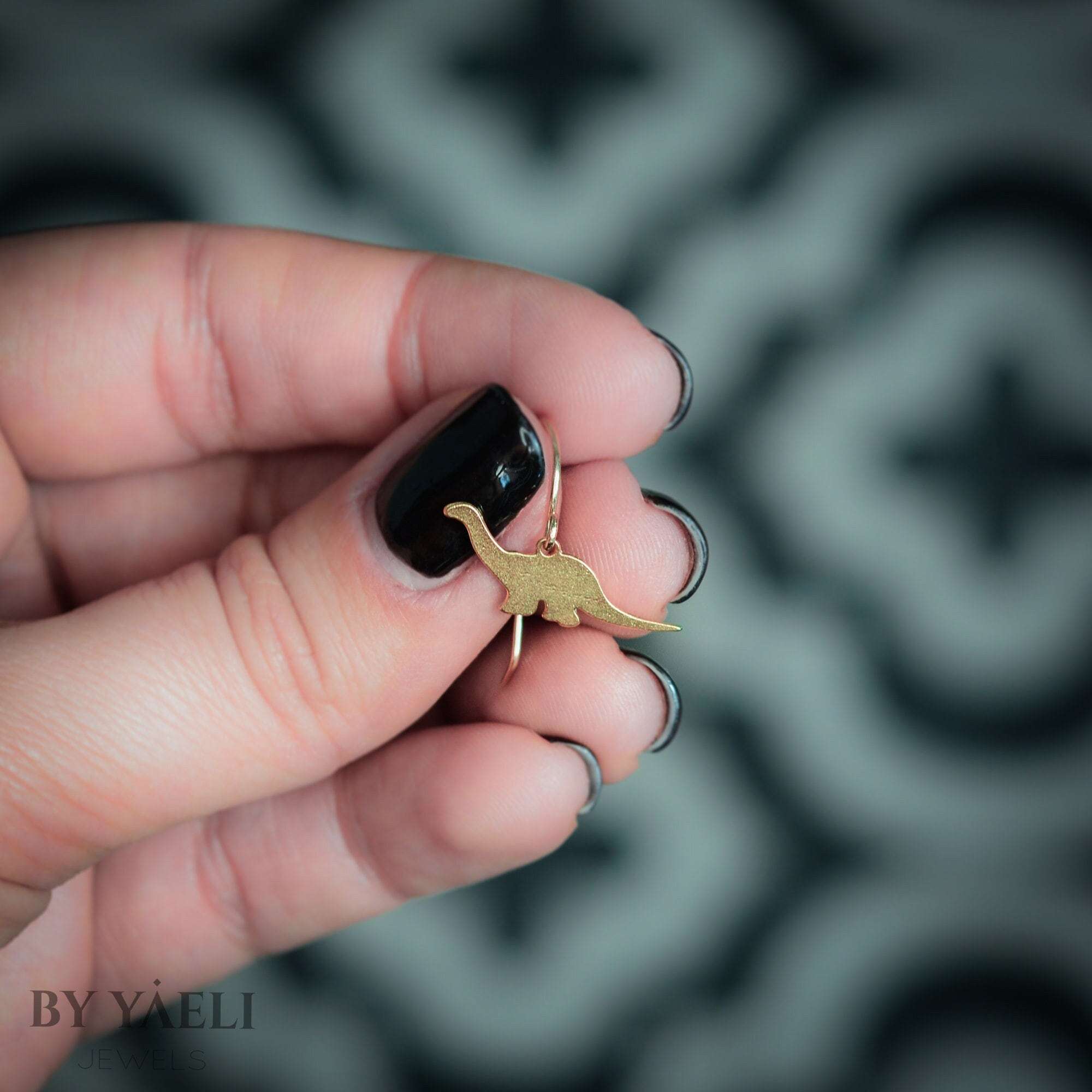 brachiosaurus earrings, gold dinosaur dangle earrings