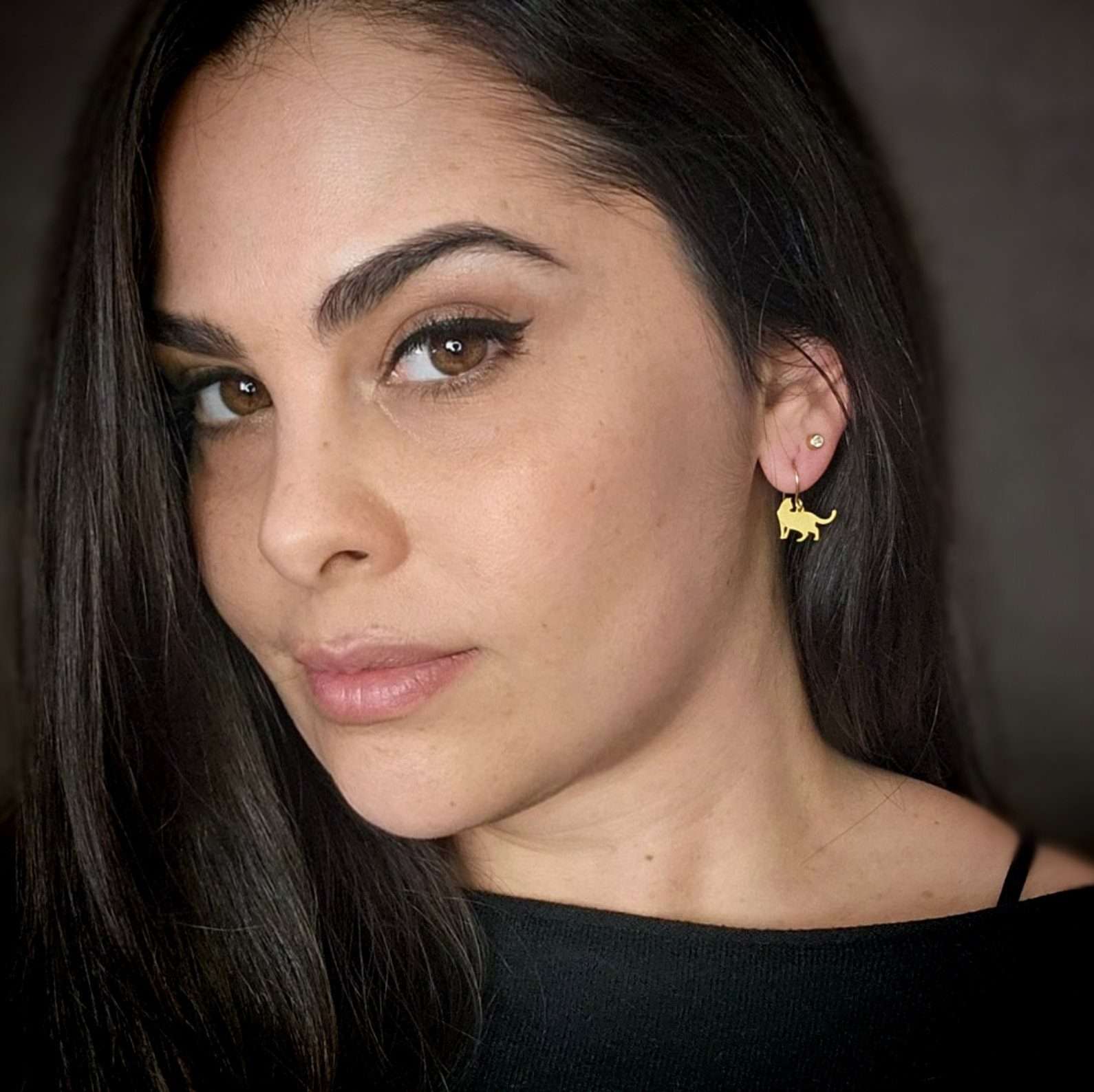 Cat earrings, gold cat dangle earrings