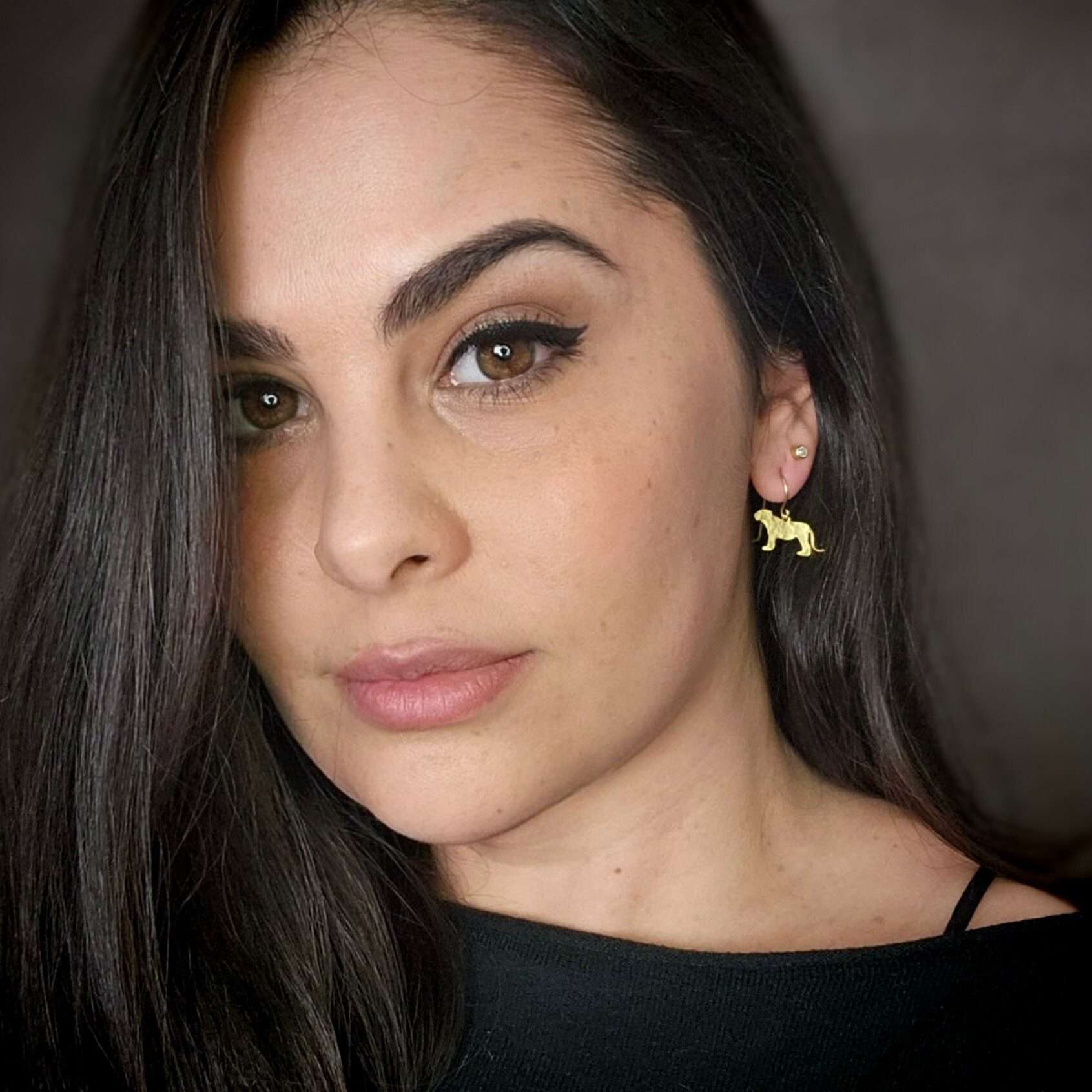 lioness earrings, gold lioness dangle earrings