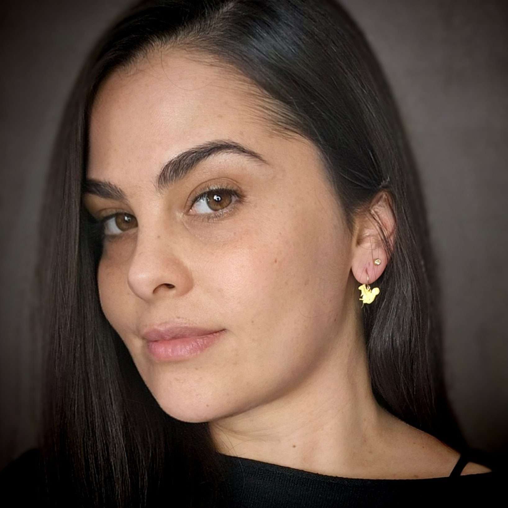 Squirrel earrings, gold tiny squirrel dangle earrings