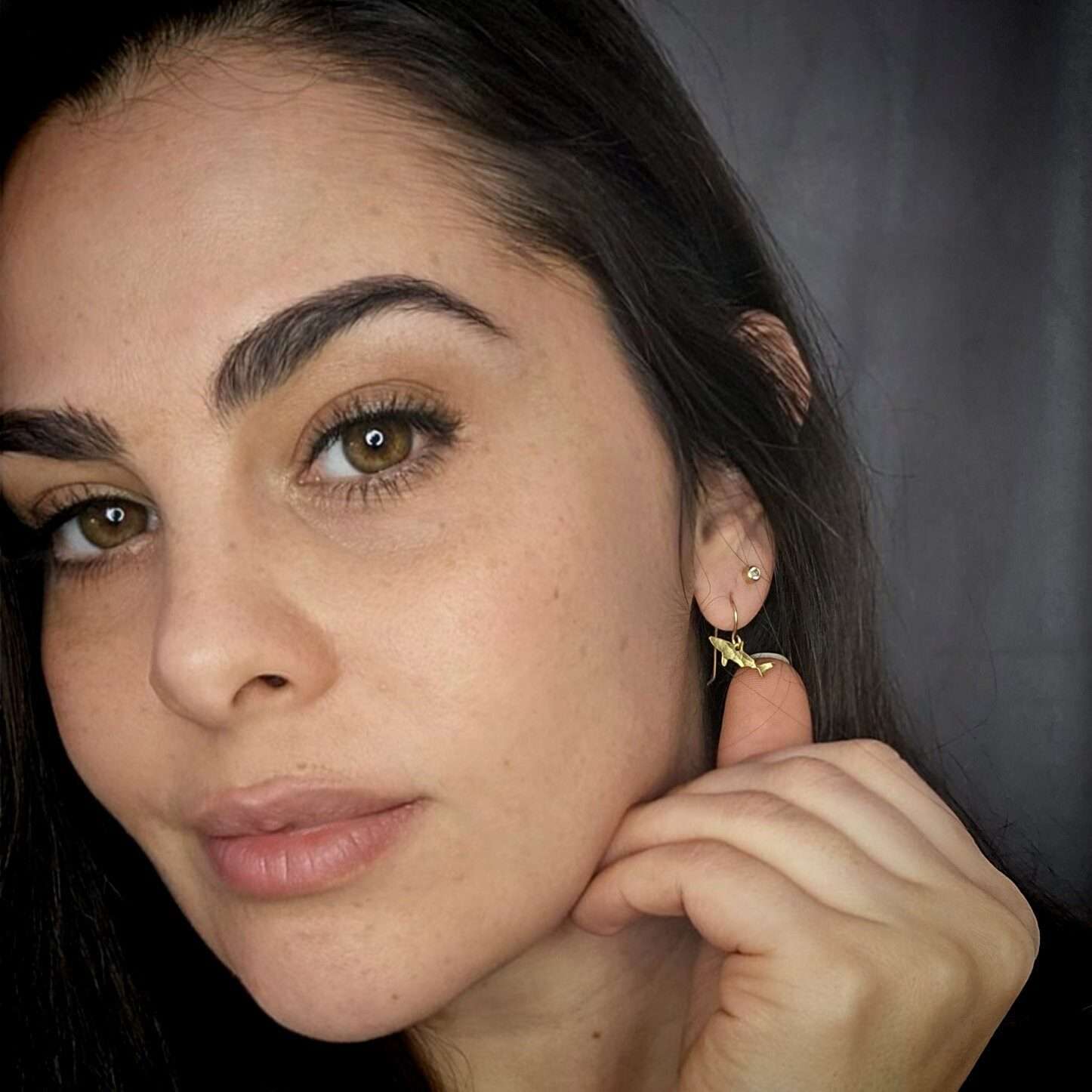 Shark earrings, tiny gold shark dangle earrings ocean jewelry