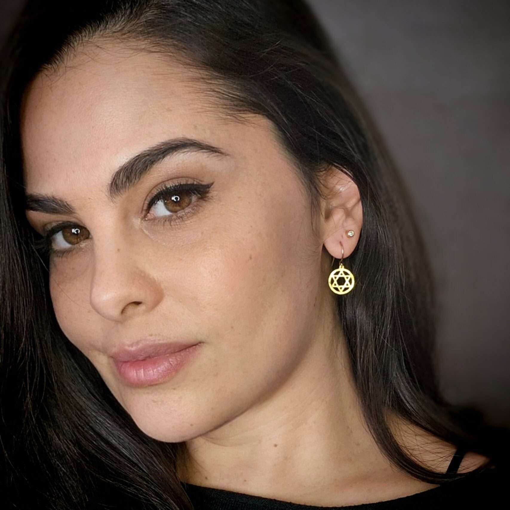 Gold star of David earrings, hammered circle with Magen David Dangle earrings – Jewish jewelry