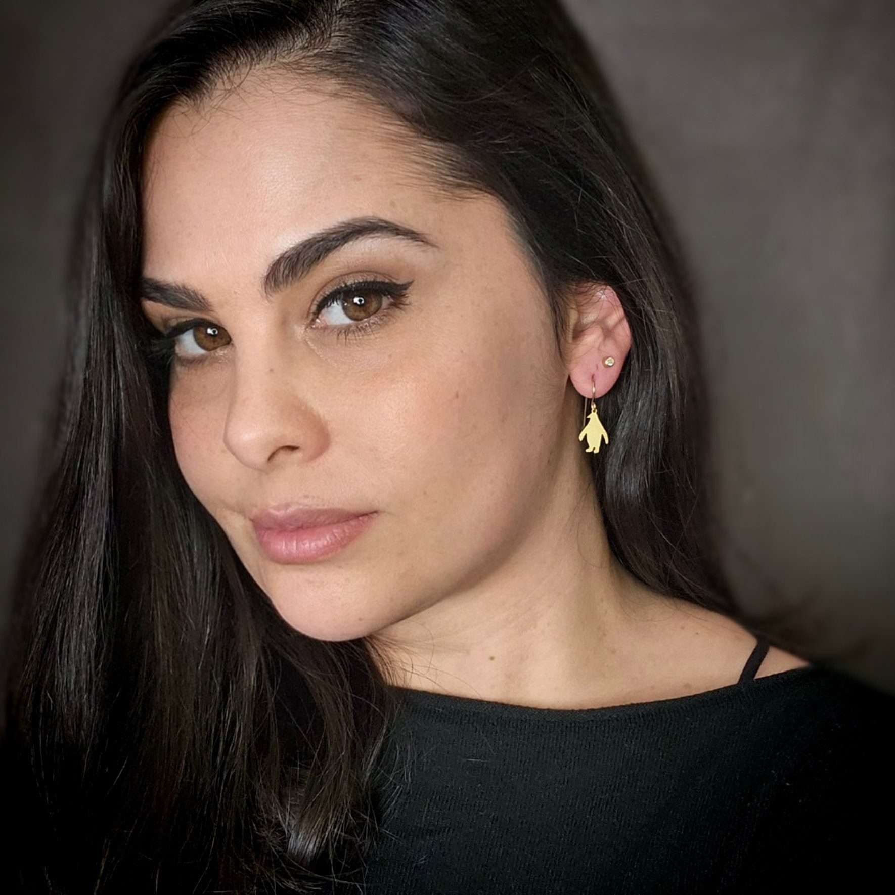 Penguin earrings, gold tiny penguin dangle earrings