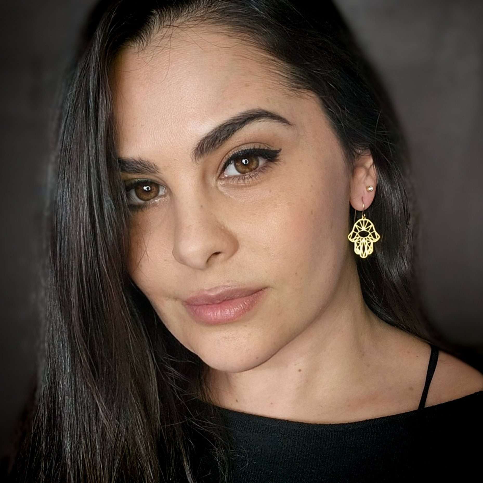 Hamsa earrings, gold geometric dangle earrings, protection jewelry