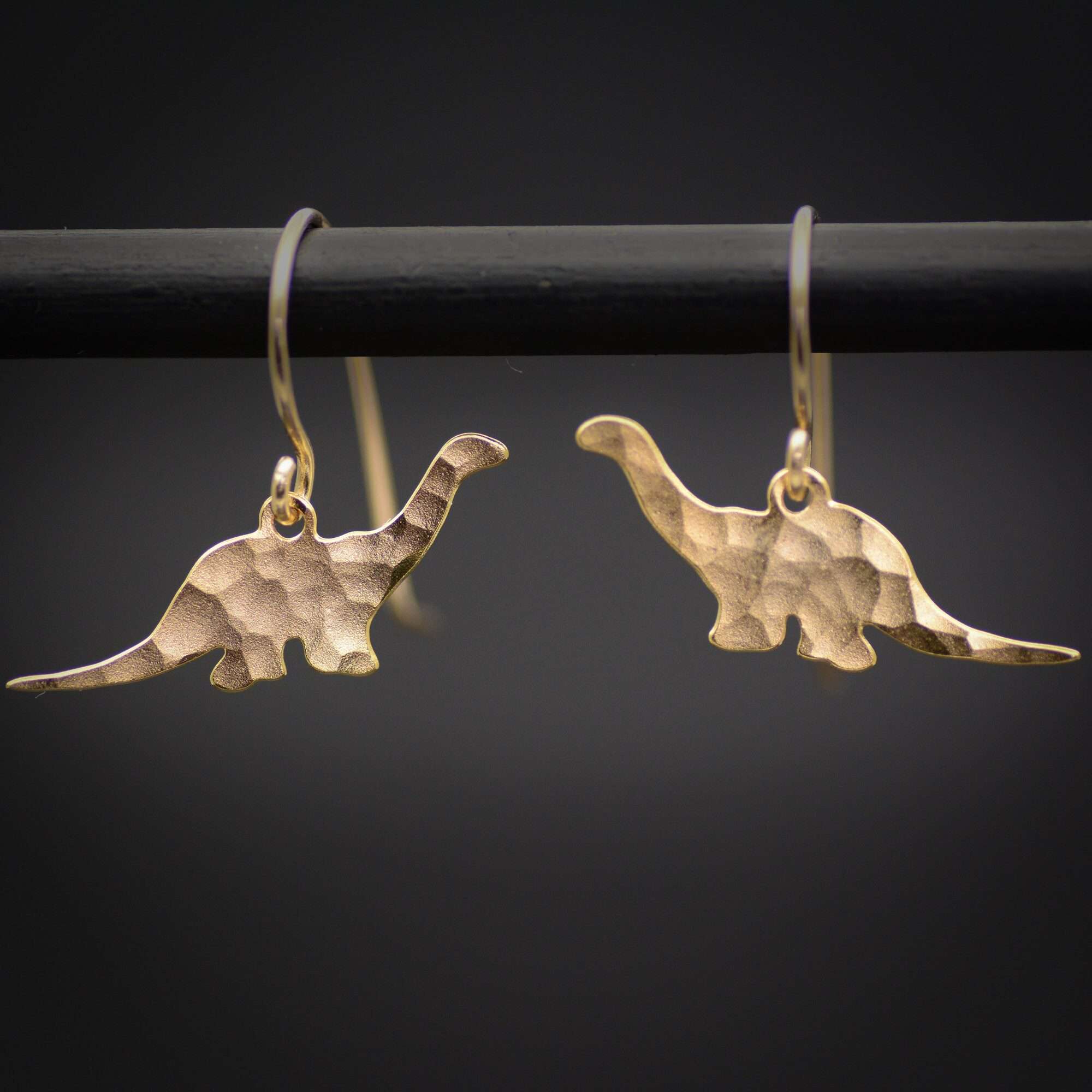 brachiosaurus earrings, gold dinosaur dangle earrings