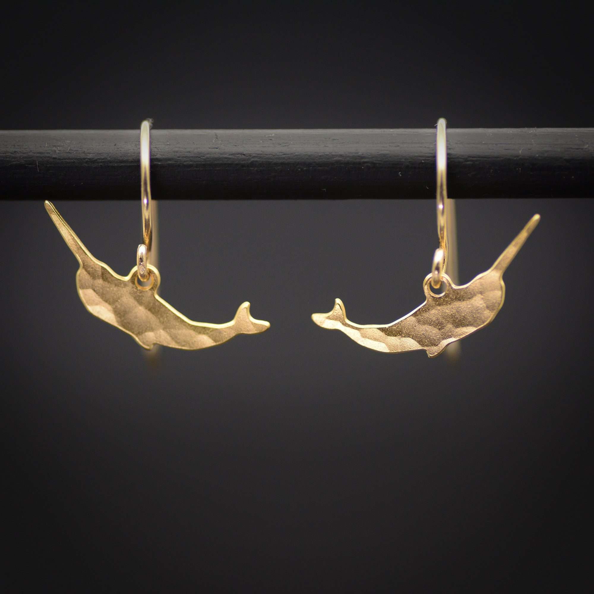 Whale earrings, gold tiny narwhale dangle earrings