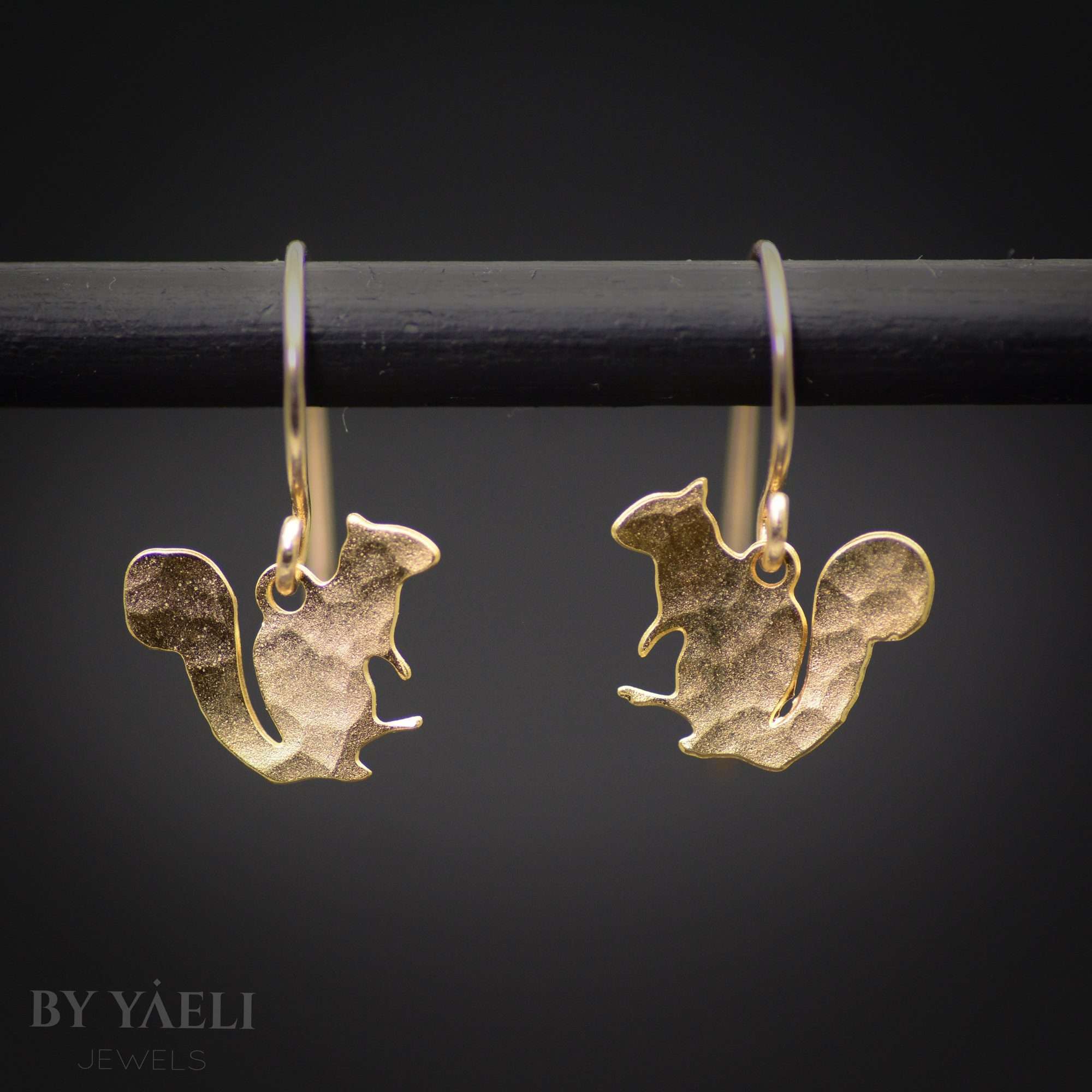 Squirrel earrings, gold tiny squirrel dangle earrings