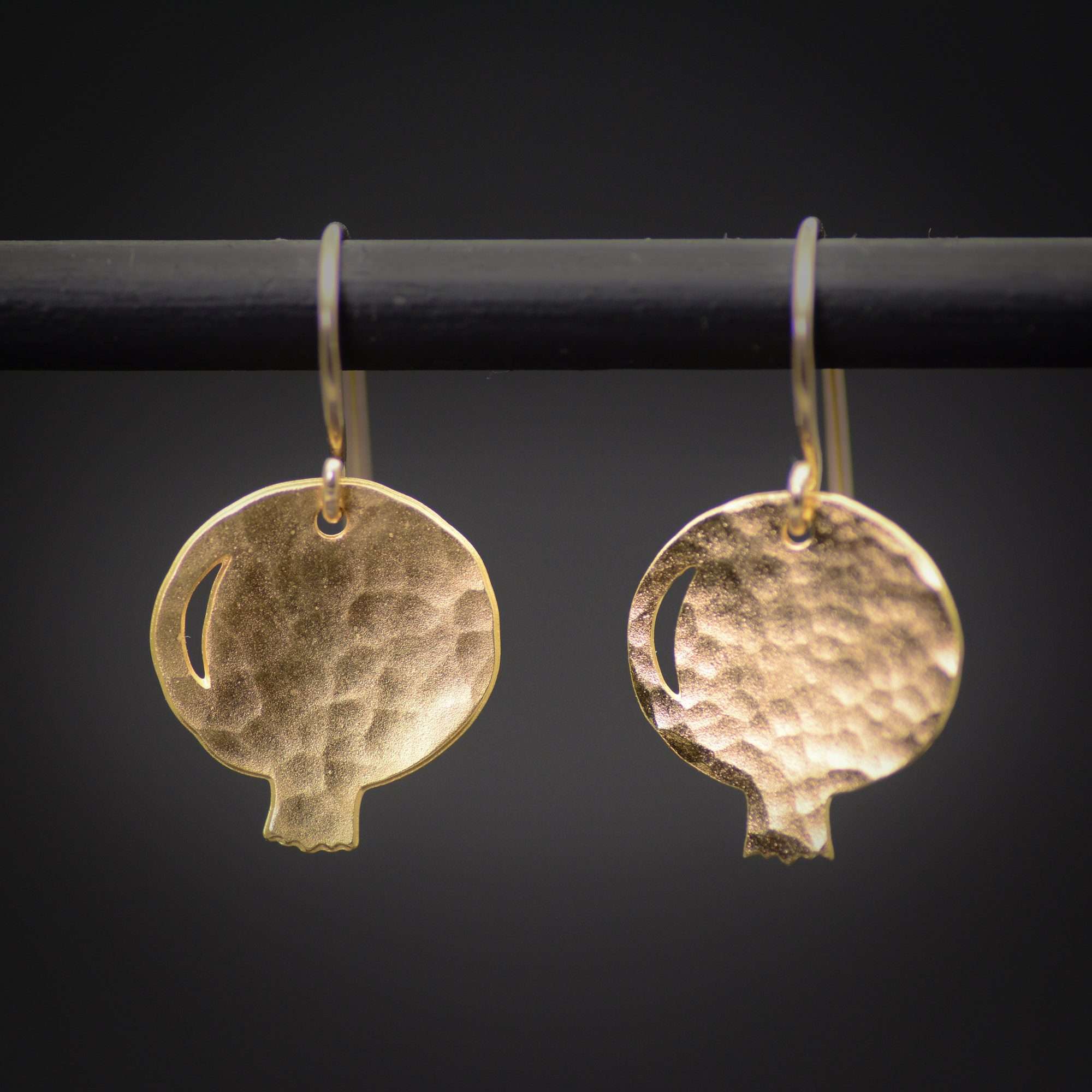pomegranate earrings, gold hammered pomegranate dangle earrings, Jewish earrings