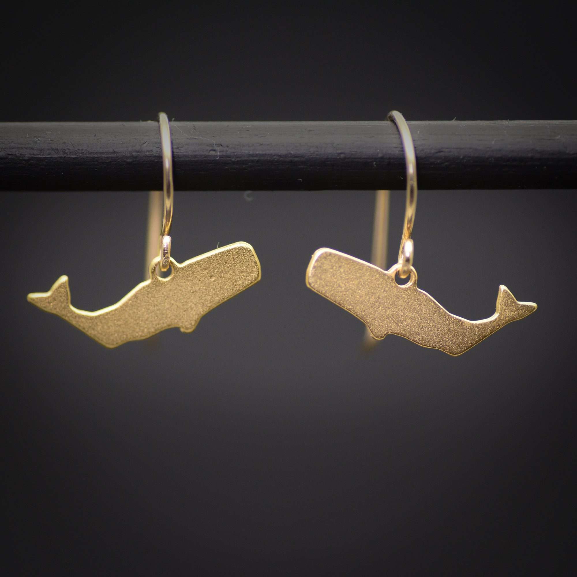 Whale earrings, gold tiny sperm whale dangle earrings