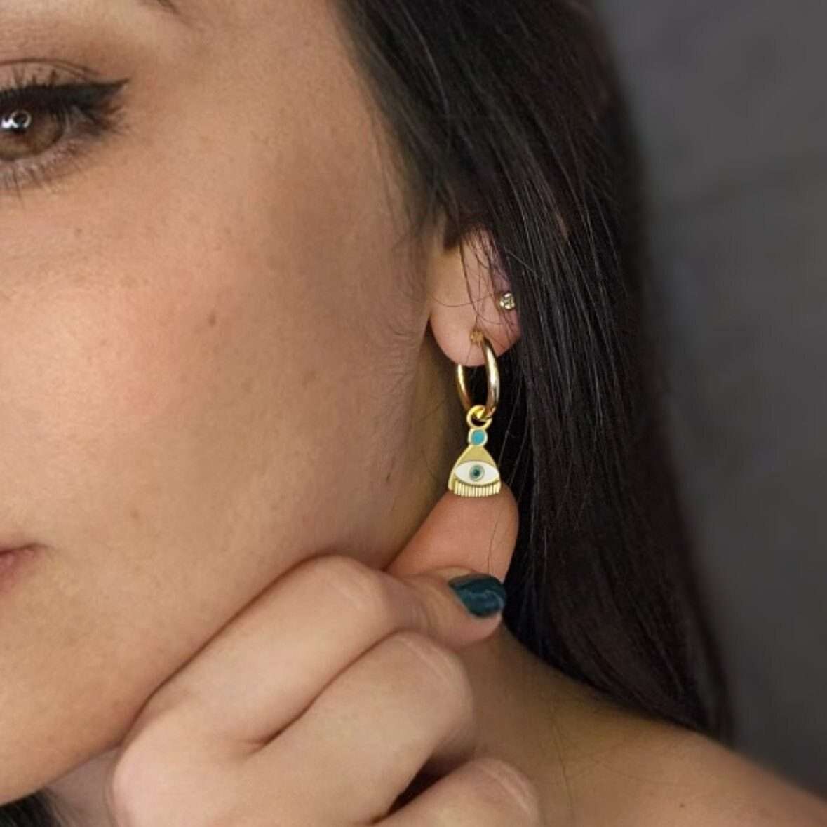 Evil eye gold hoops earrings adorned with resin, protection jewelry