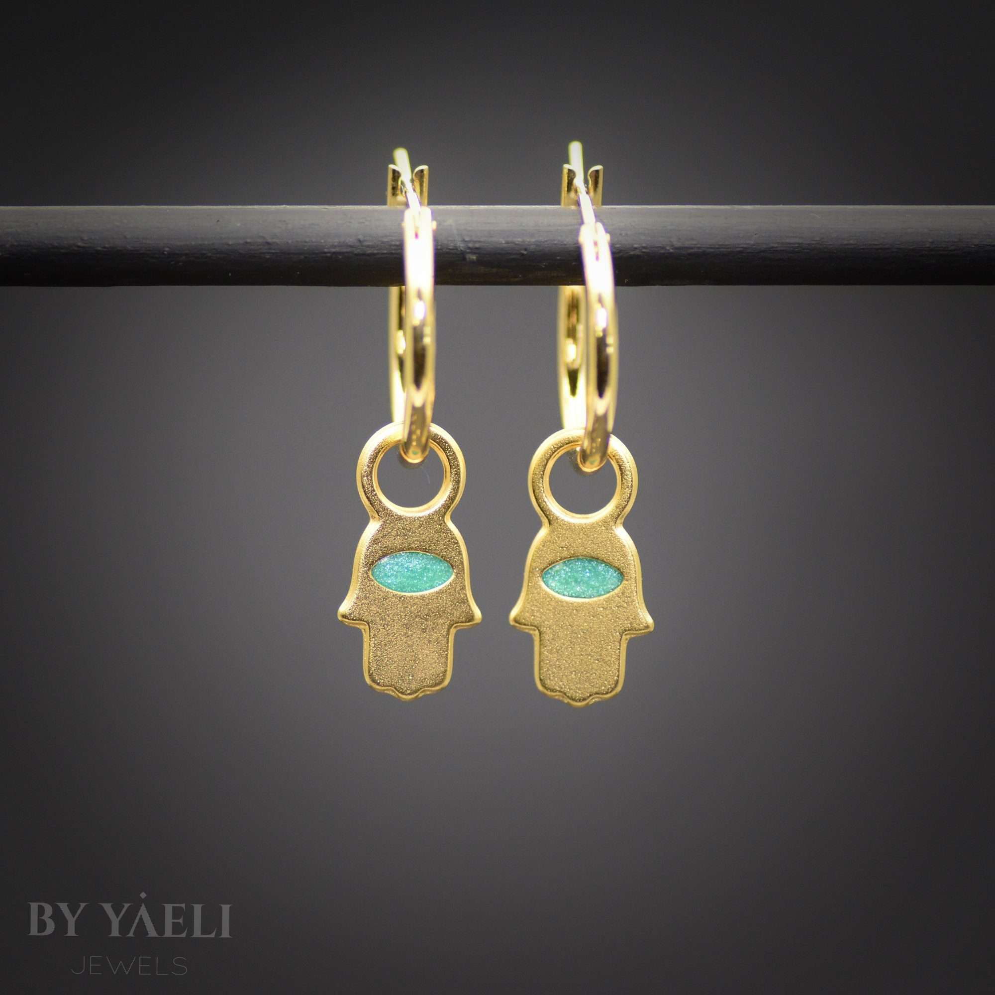 hamsa gold hoops earrings adorned with resin, protection jewelry