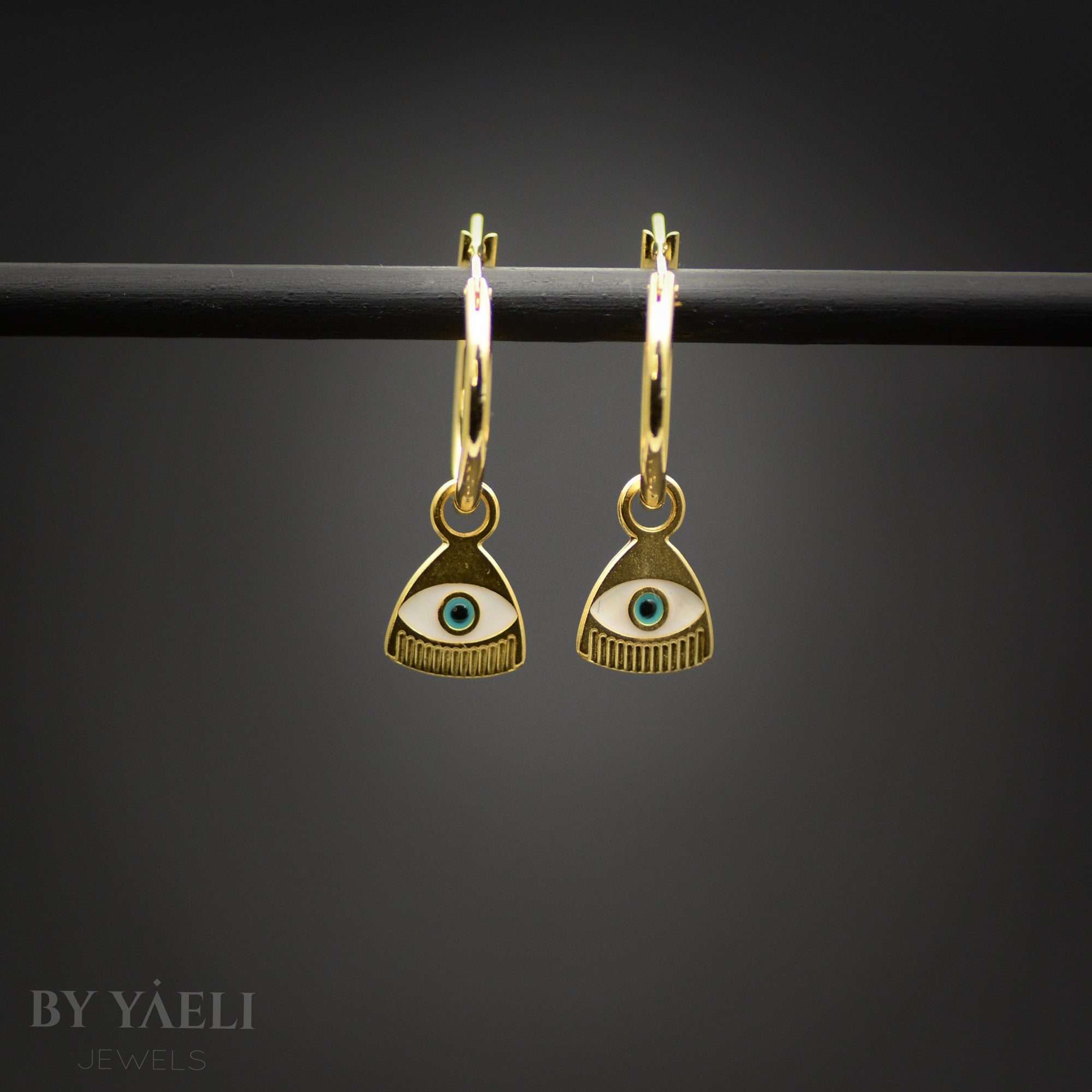 Evil eye gold hoops earrings adorned with resin, protection jewelry