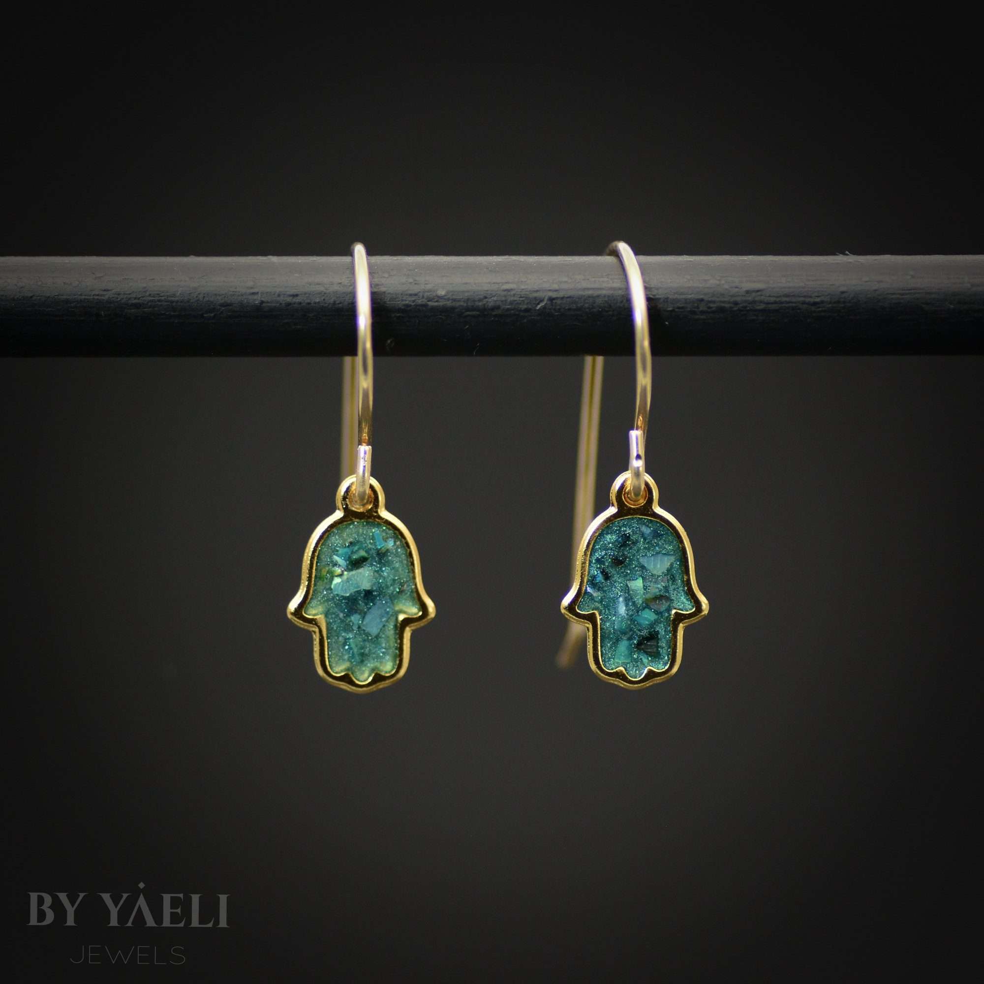 Gold hamsa earrings, hamsa with shell good luck earrings, protection jewelry