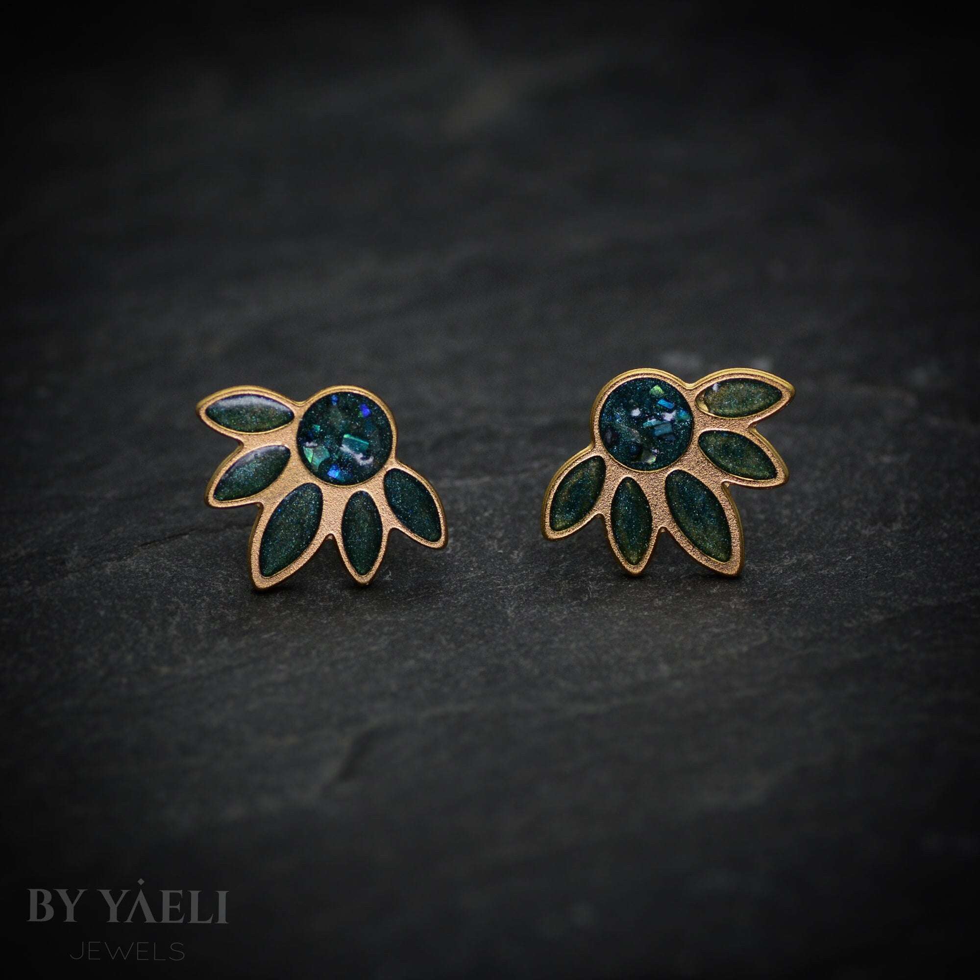 Flower stud gold earrings, gold and blue with real shell flower earrings