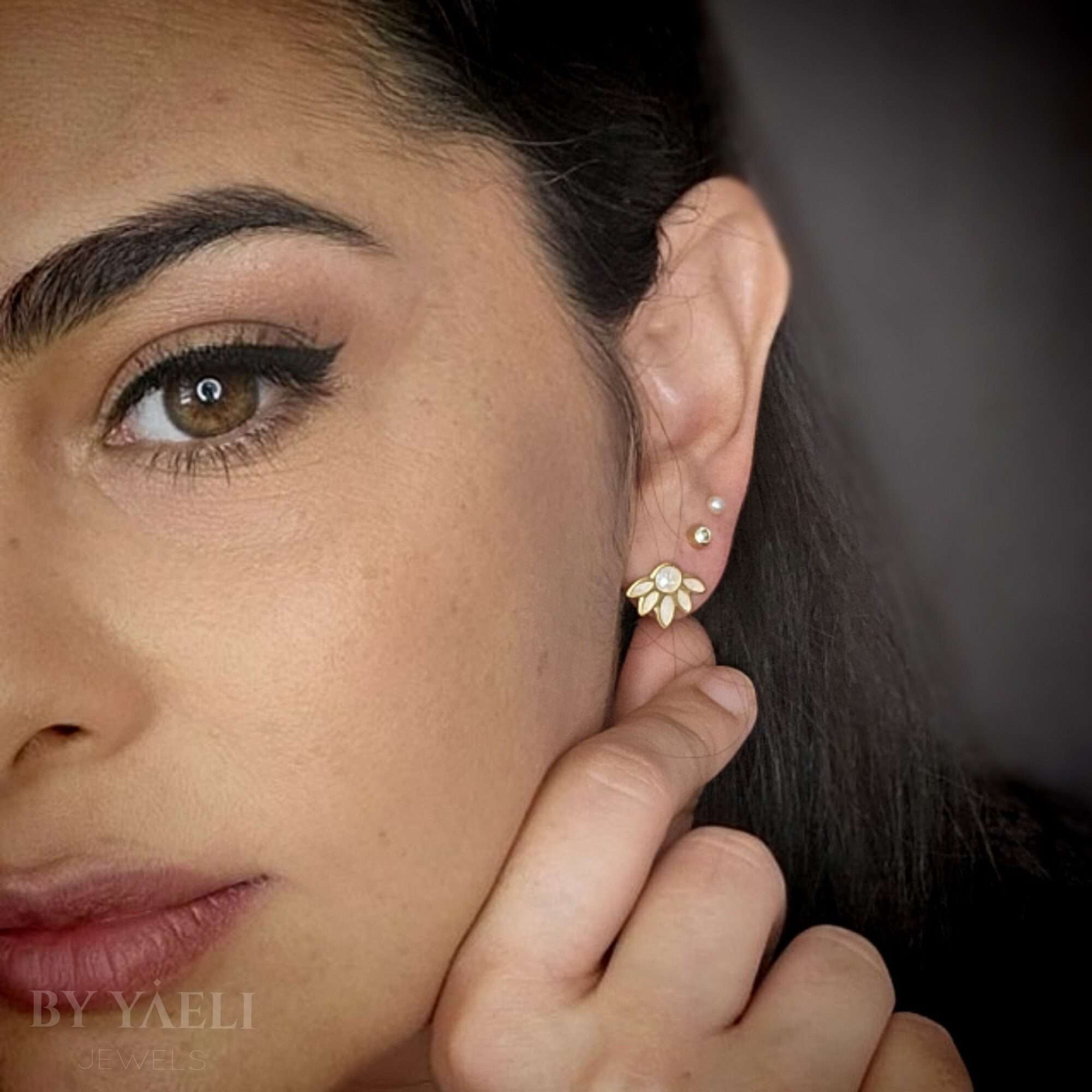 Flower stud gold earrings, gold and Pearl White with real shell flower earrings, wedding jewelry