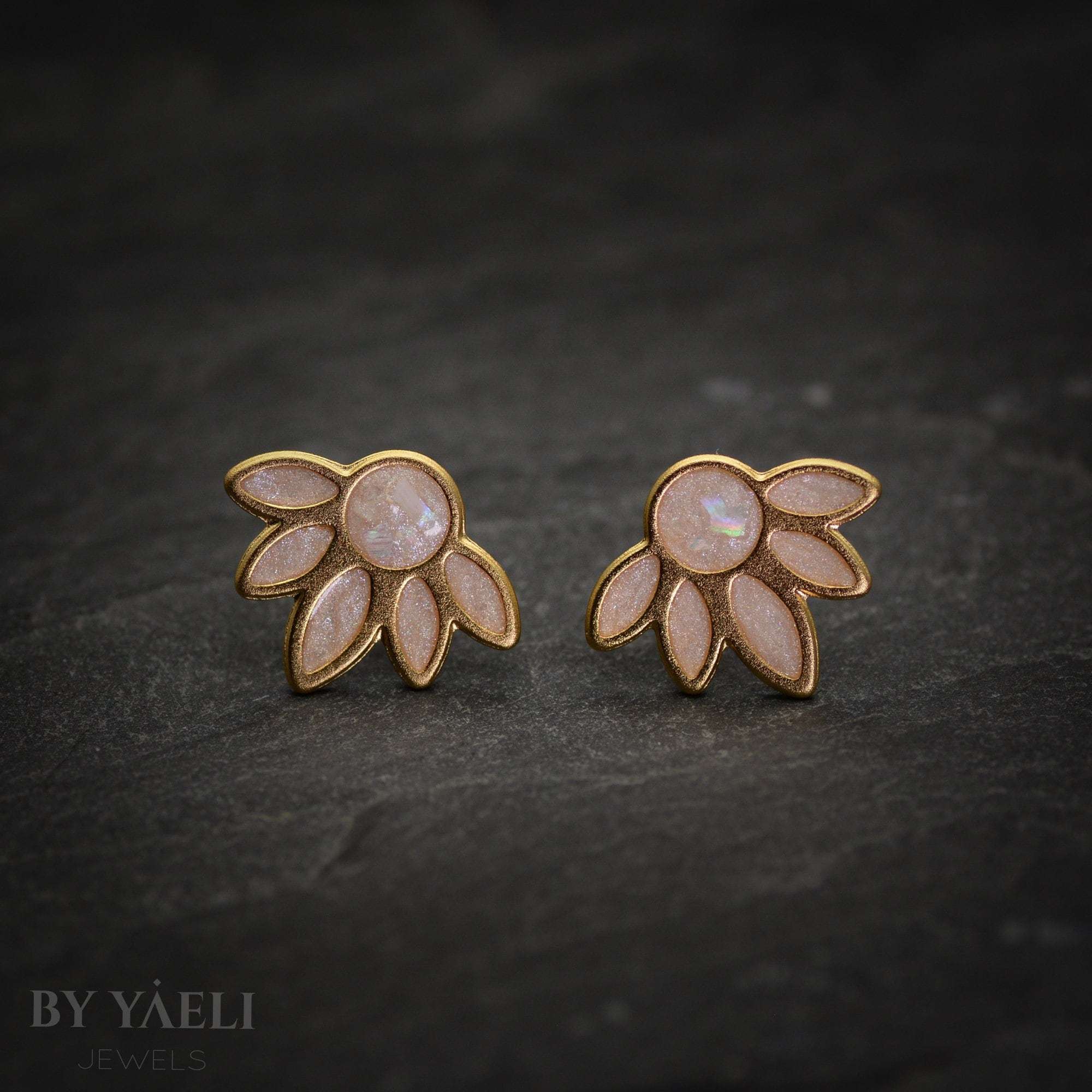 Flower stud gold earrings, gold and Pearl White with real shell flower earrings, wedding jewelry