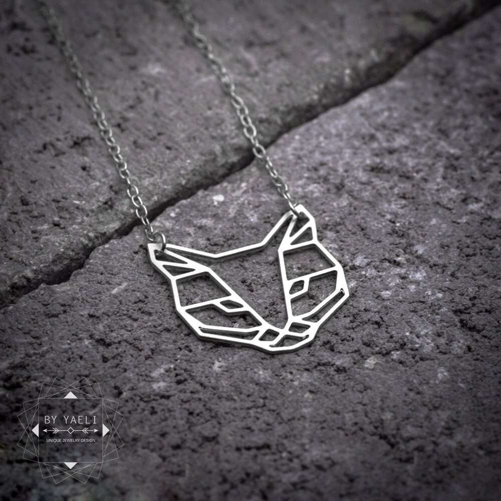 Cat necklace, silver cat pendant geometric cat jewelry