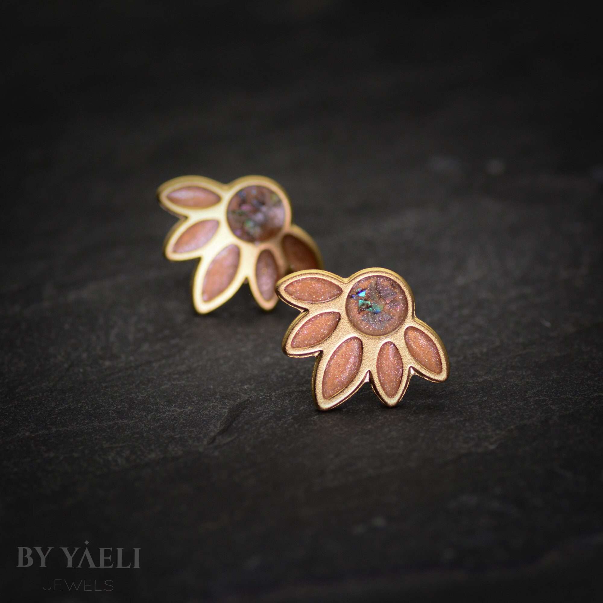 Flower stud gold earrings, gold and champagne with real shell flower earrings, wedding jewelry