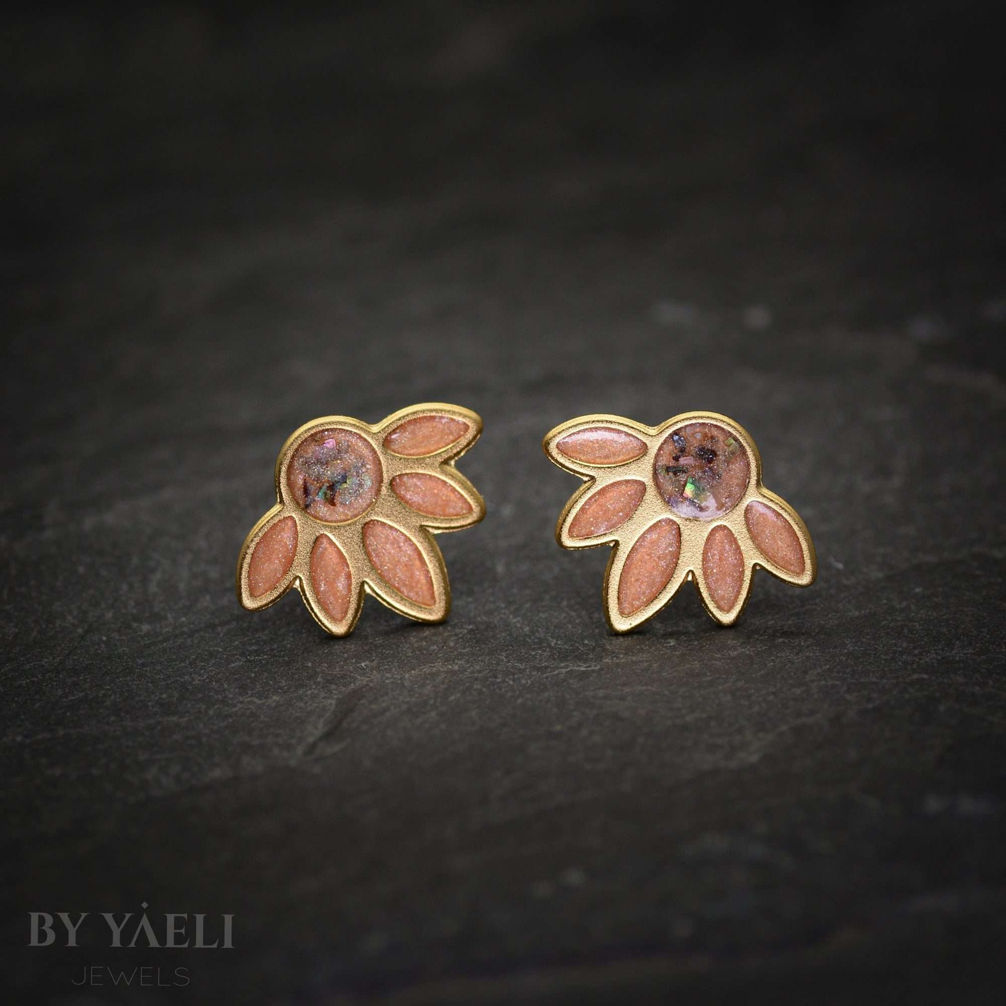 Flower stud gold earrings, gold and champagne with real shell flower earrings, wedding jewelry