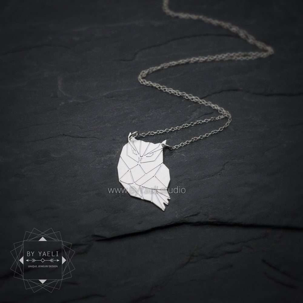 Owl necklace, silver geometric owl pendant