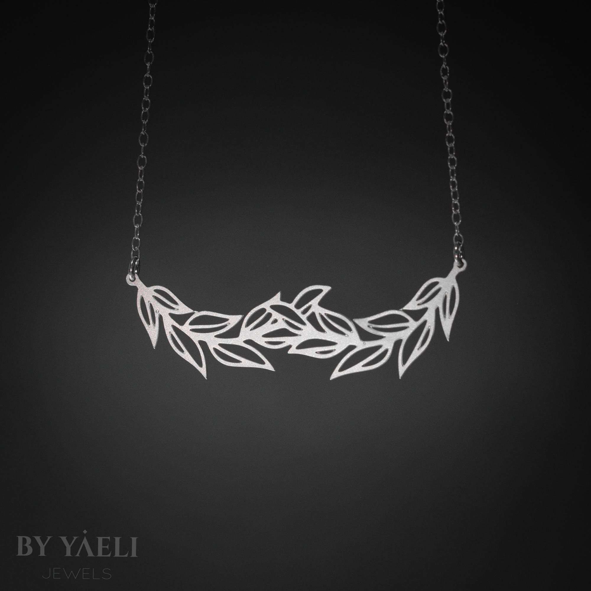 Leaf necklace, branch necklace, silver olive leaves necklace