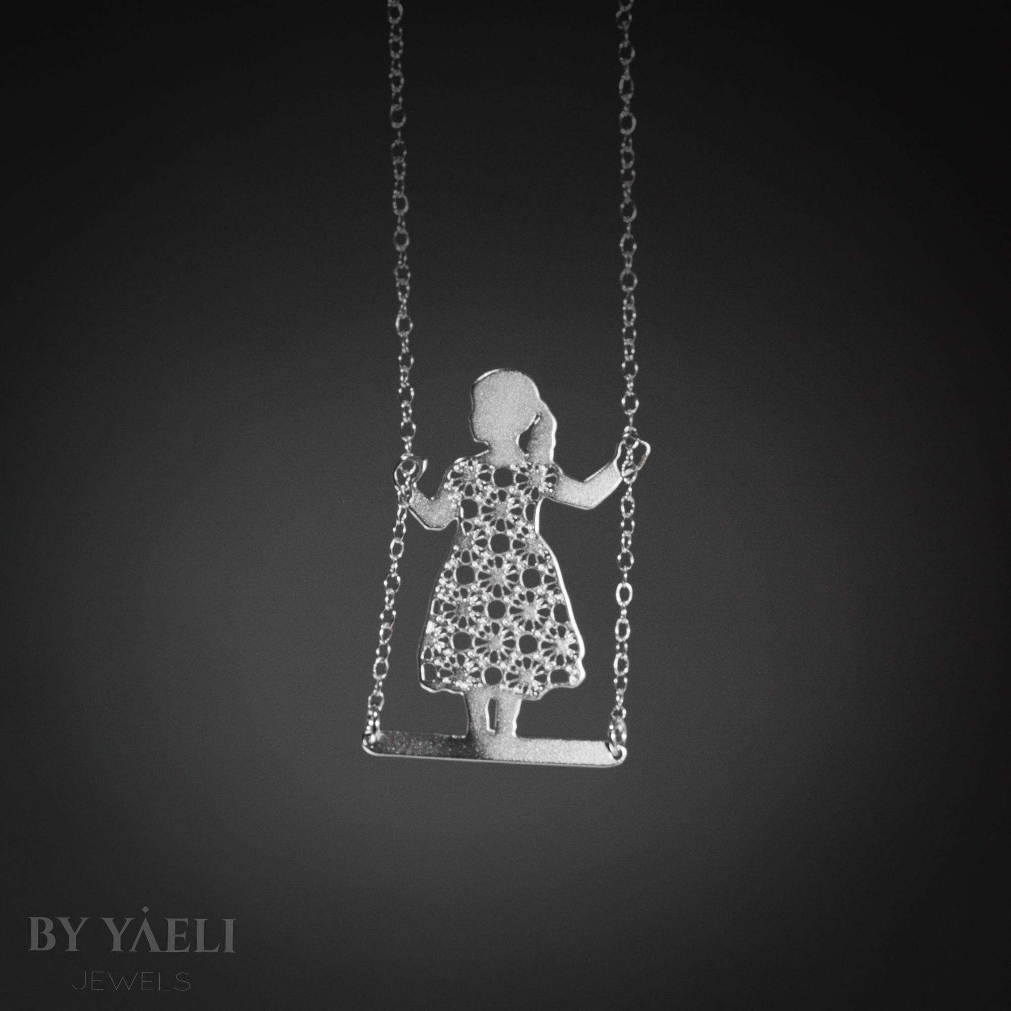 Alice in wonderland necklace silver girl on swing necklace little girl necklace