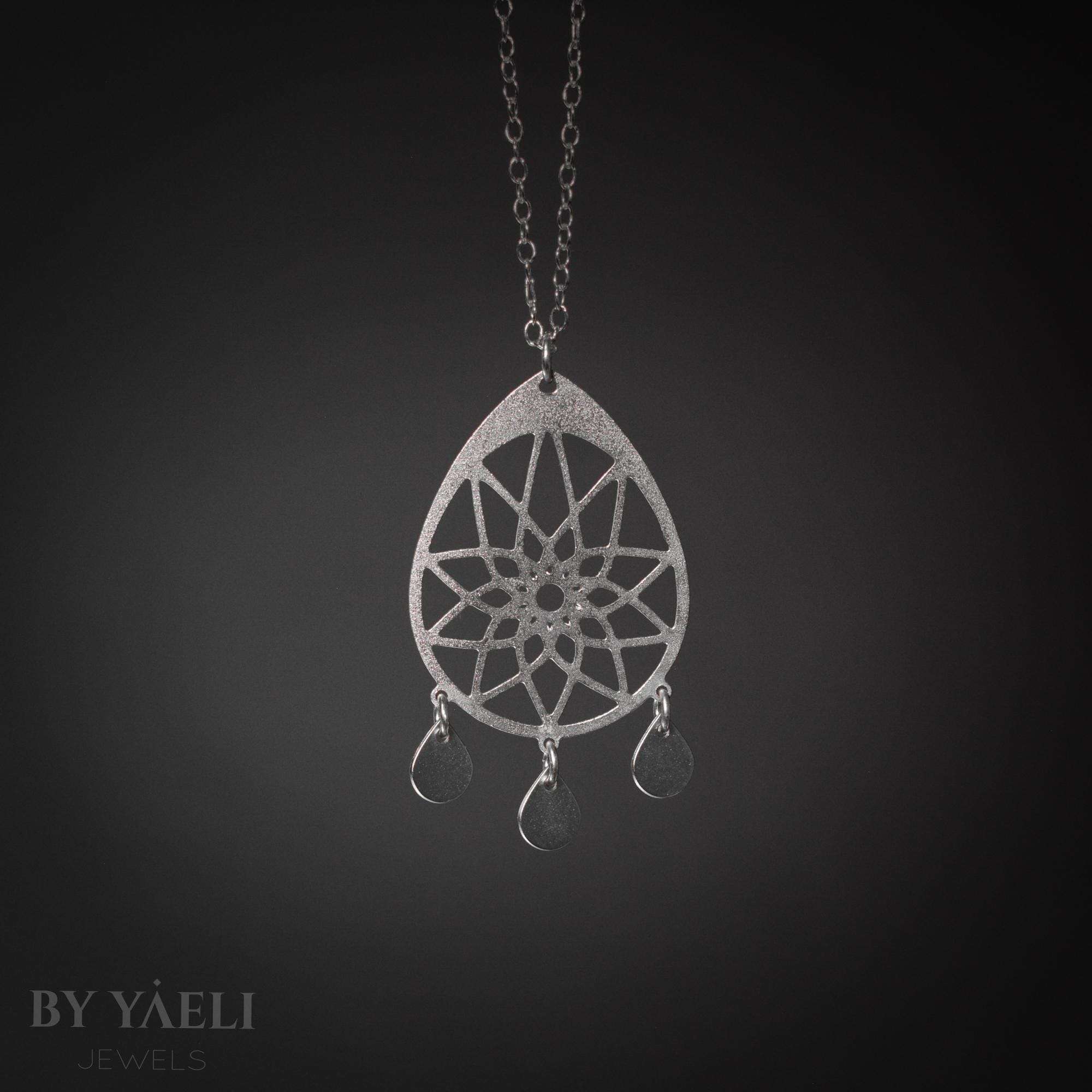 Dream catcher necklace silver drop shape mandala