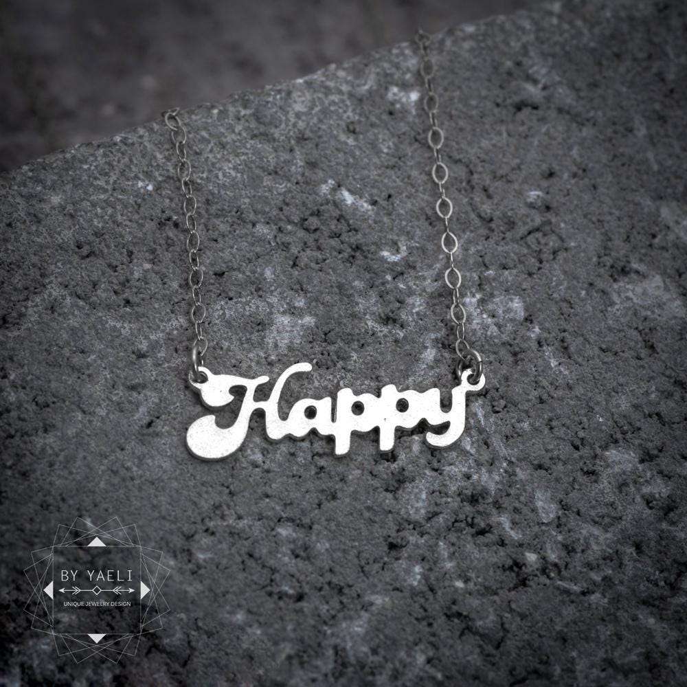 Happy necklace silver script necklace Happy word necklace gift for her