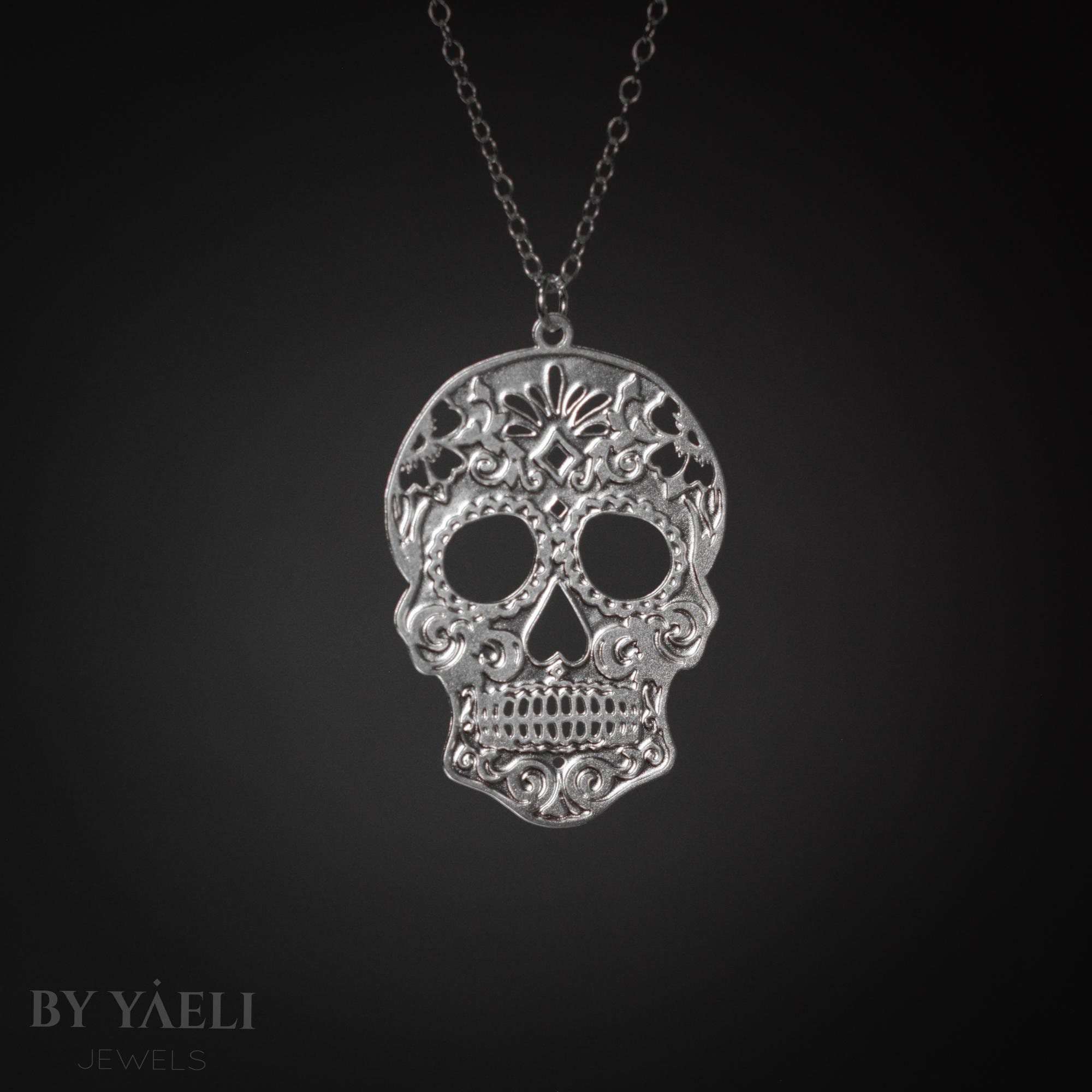 Sugar skull necklace day of the dead necklace silver skull pendant Gothic jewelry