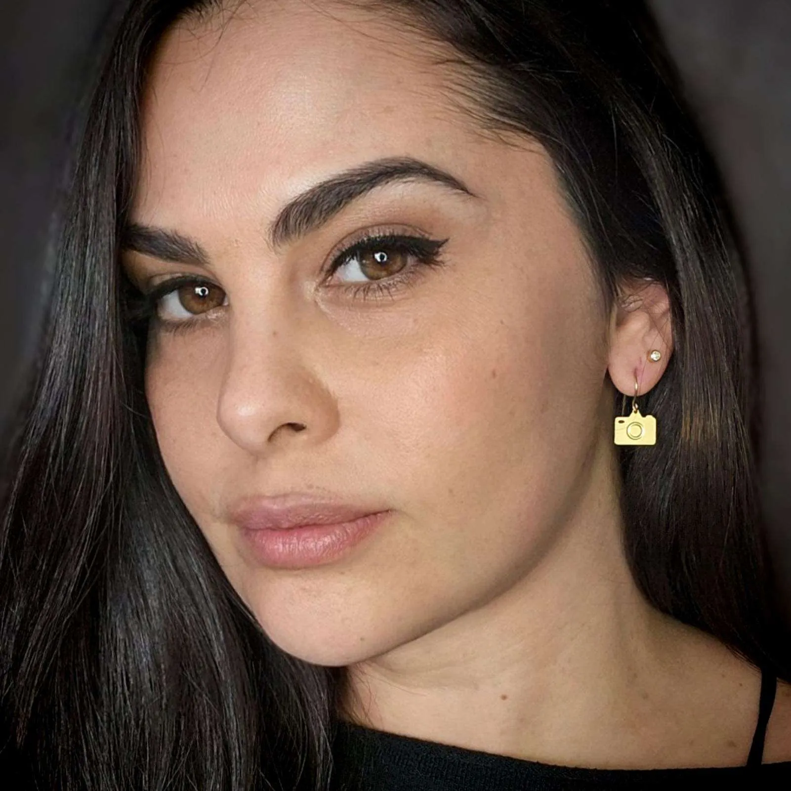 Camera earrings tiny gold camera dangle earrings