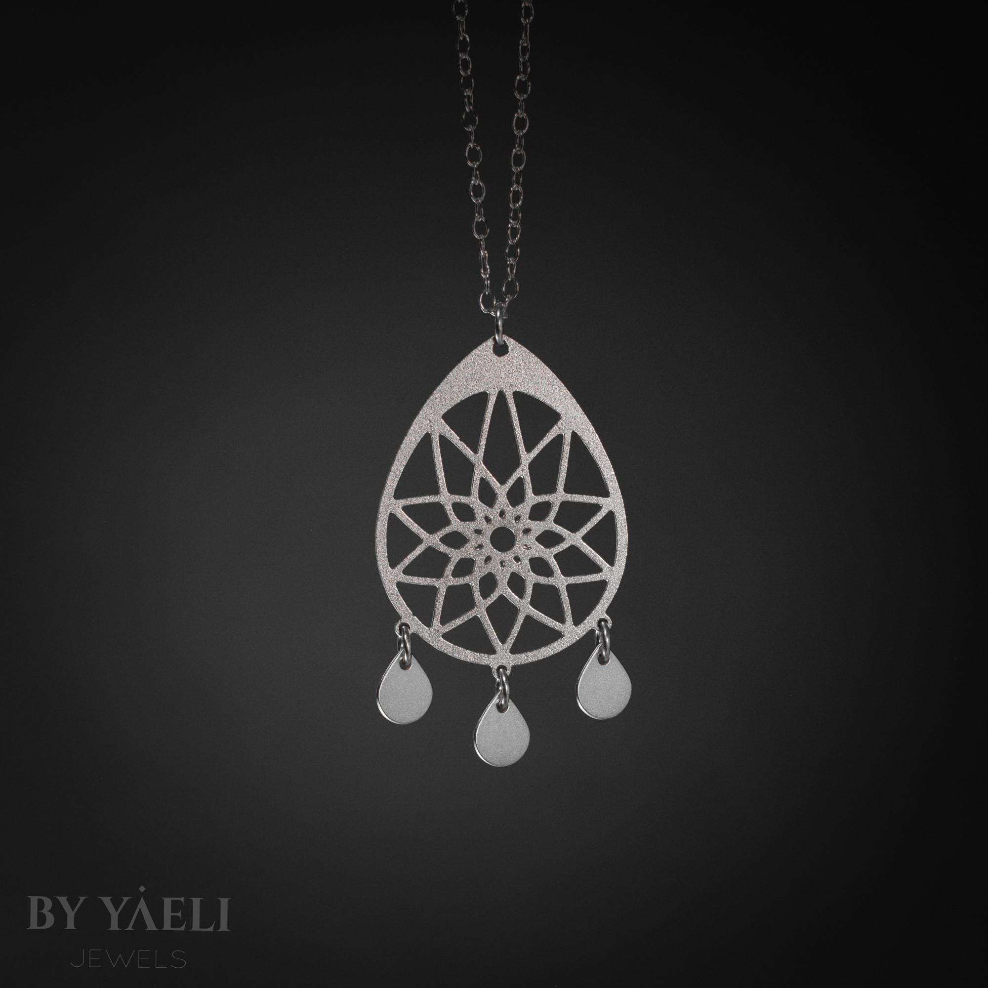 Dream catcher necklace silver drop shape mandala